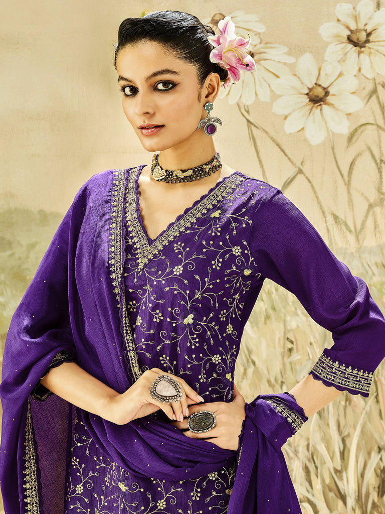 Libas Kamini Purple Embroidered Chinon Straight Sharara Suit Set With Dupatta