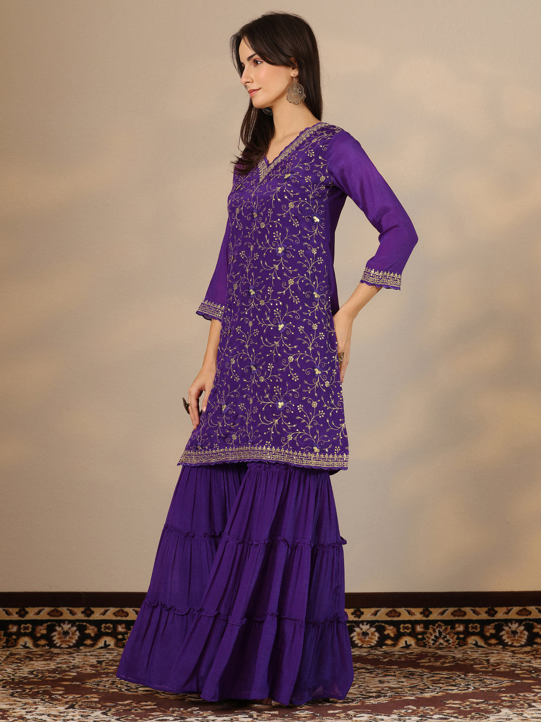  Kamini Purple Embroidered Chinon Straight Sharara Suit Set With Dupatta 