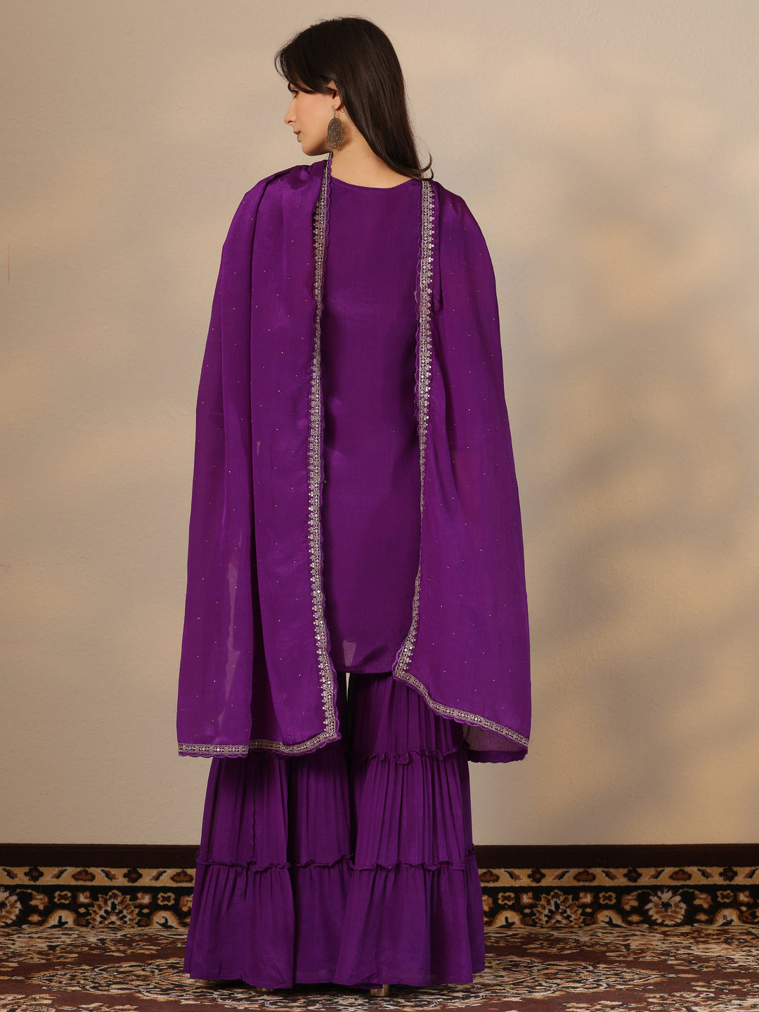  Kamini Purple Embroidered Chinon Straight Sharara Suit Set With Dupatta 