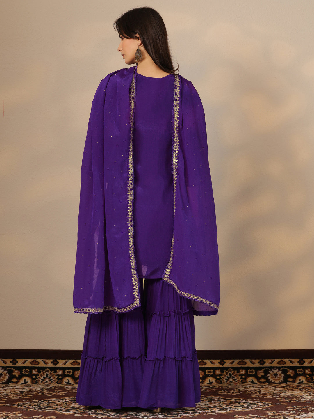  Kamini Purple Embroidered Chinon Straight Sharara Suit Set With Dupatta 