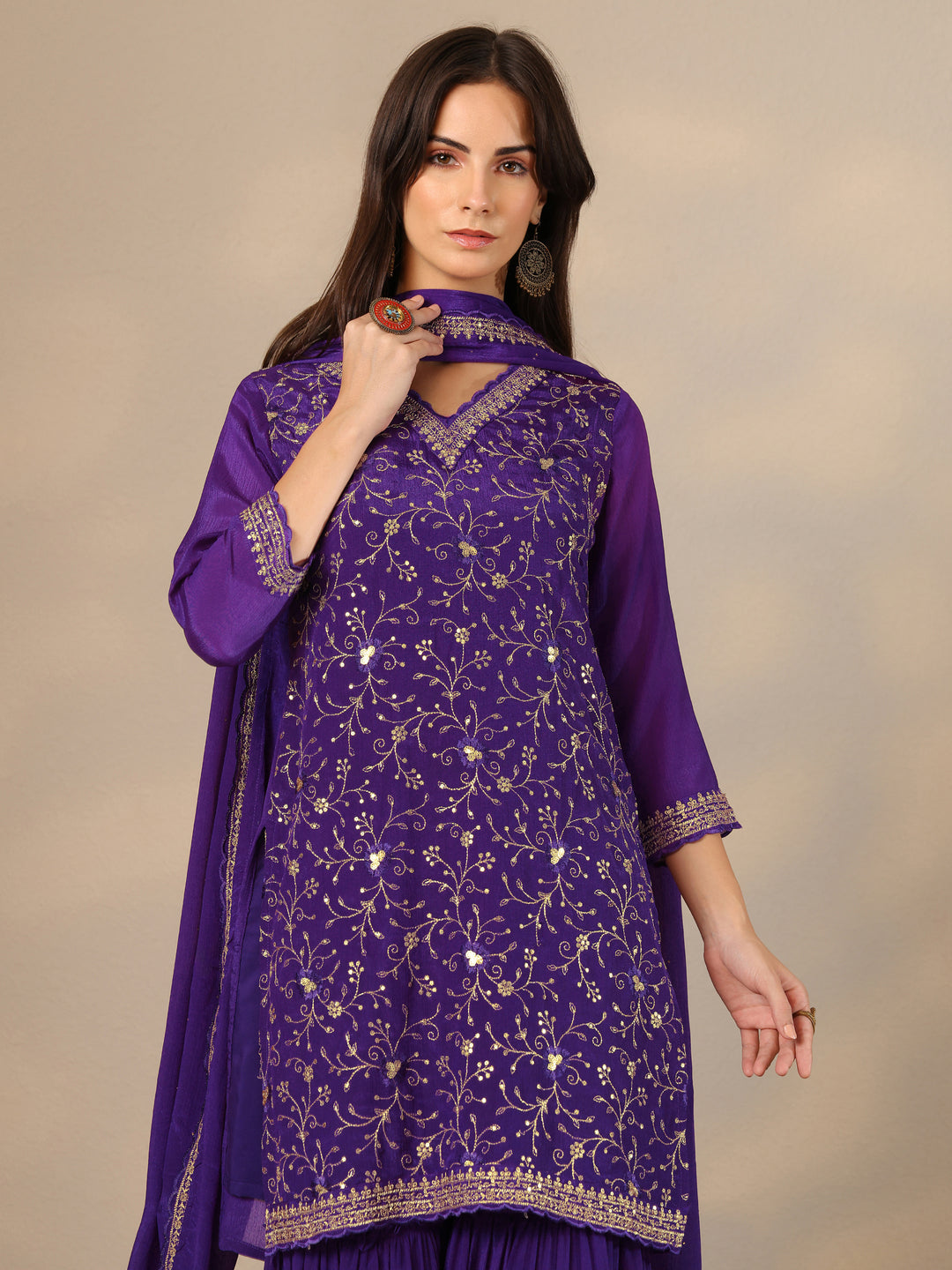  Kamini Purple Embroidered Chinon Straight Sharara Suit Set With Dupatta 