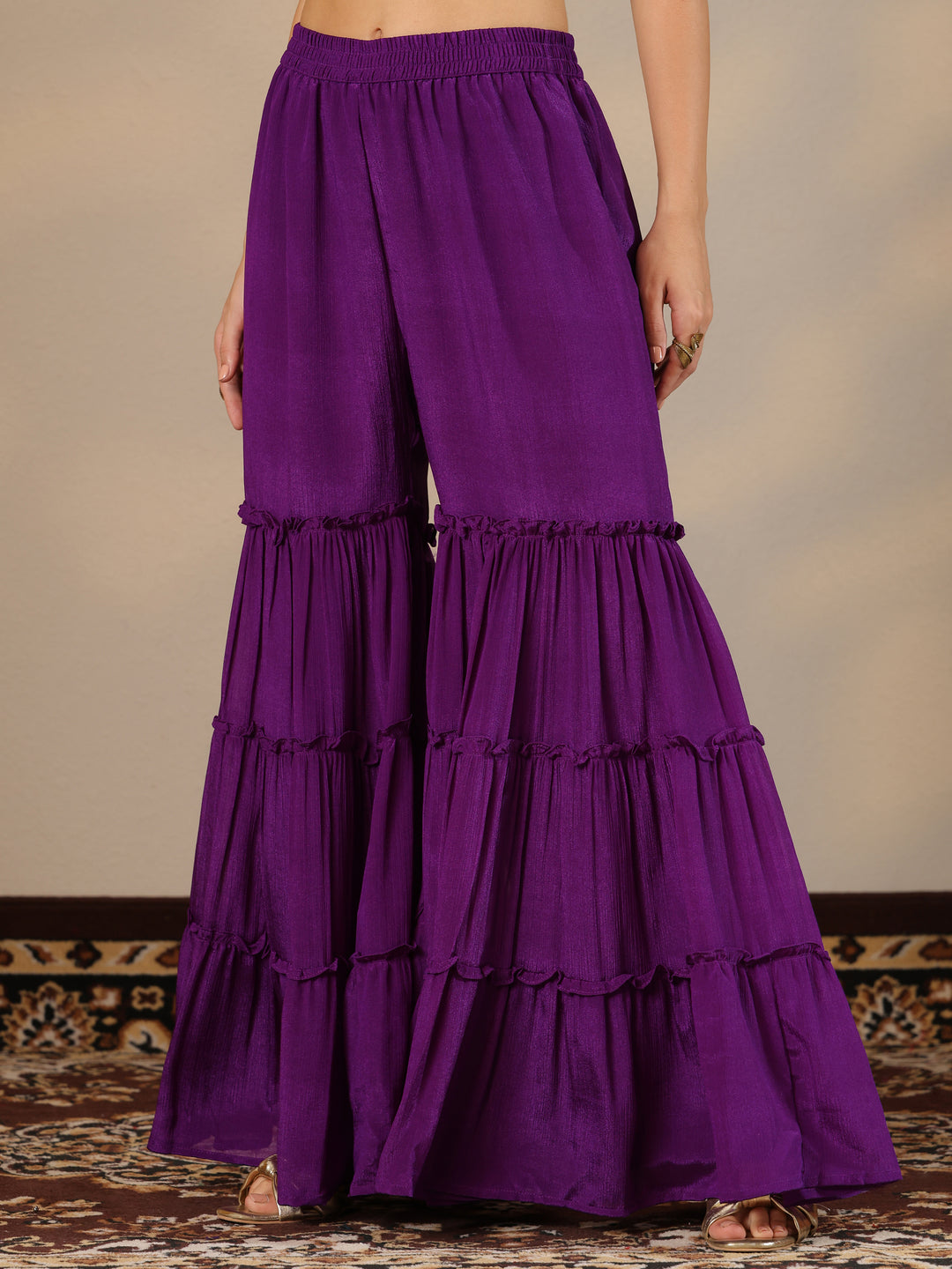  Kamini Purple Embroidered Chinon Straight Sharara Suit Set With Dupatta 