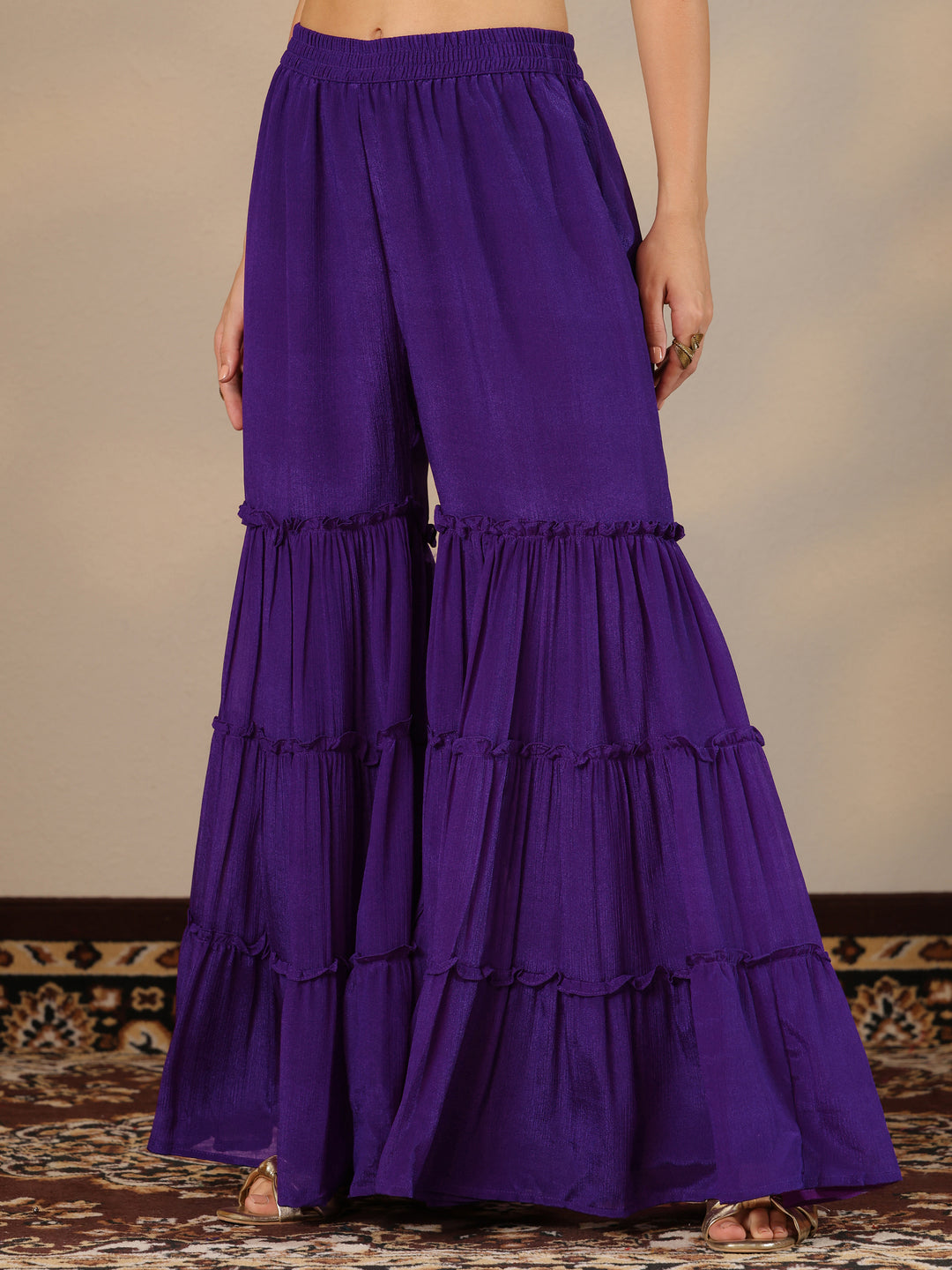  Kamini Purple Embroidered Chinon Straight Sharara Suit Set With Dupatta 