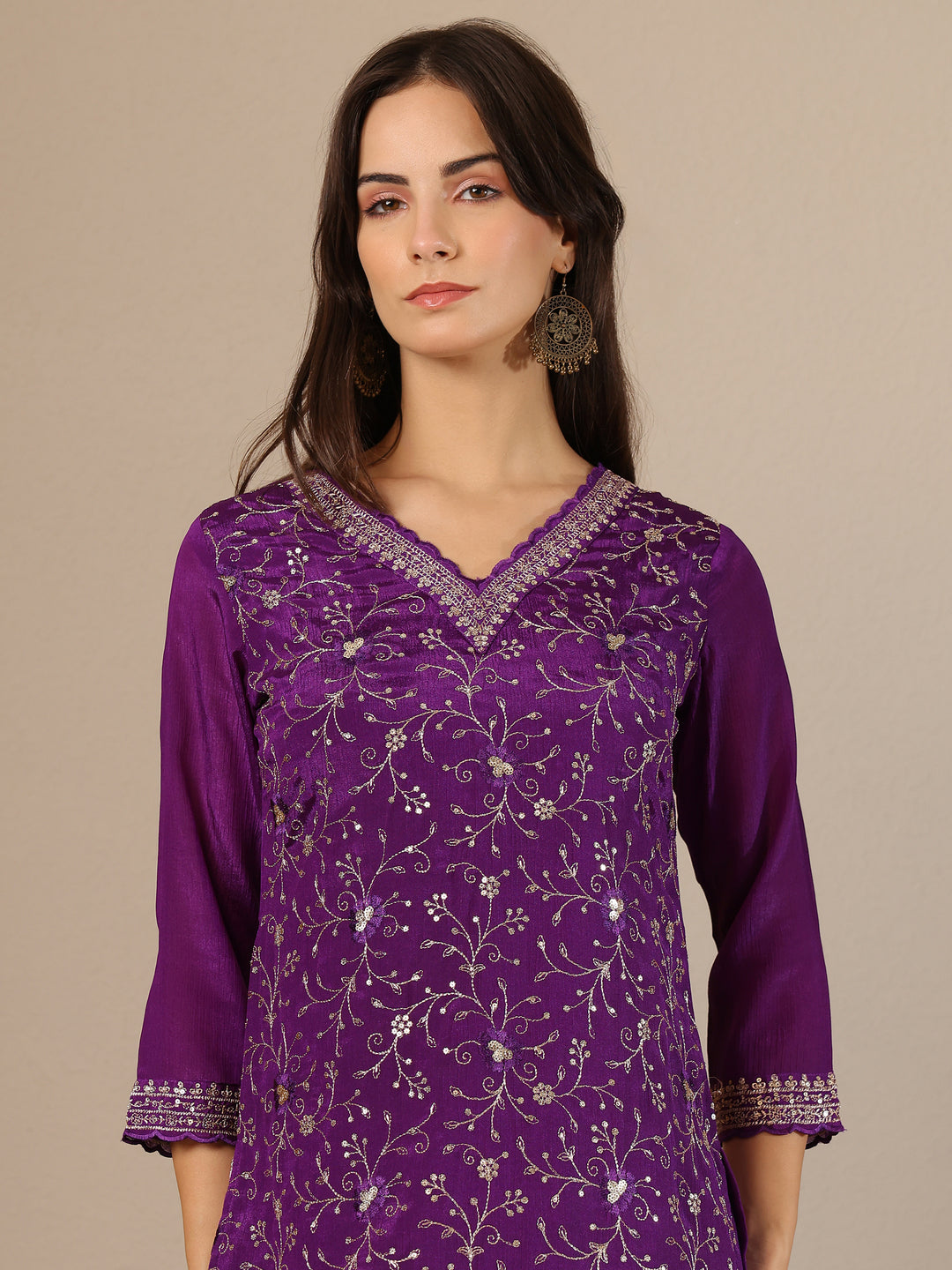  Kamini Purple Embroidered Chinon Straight Sharara Suit Set With Dupatta 