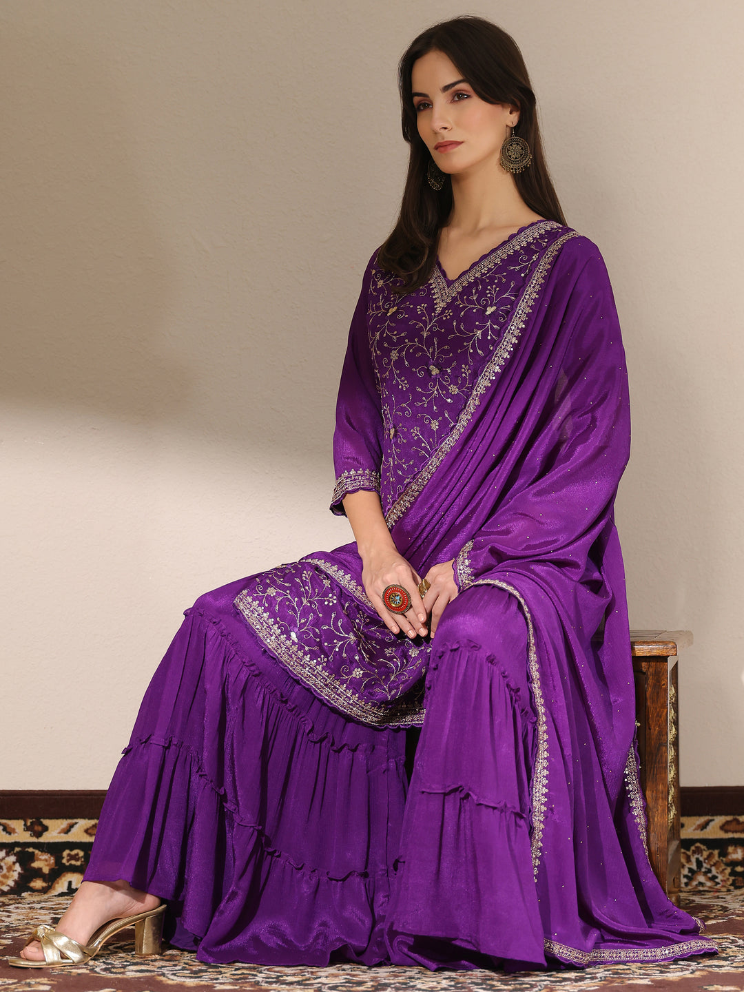  Kamini Purple Embroidered Chinon Straight Sharara Suit Set With Dupatta 