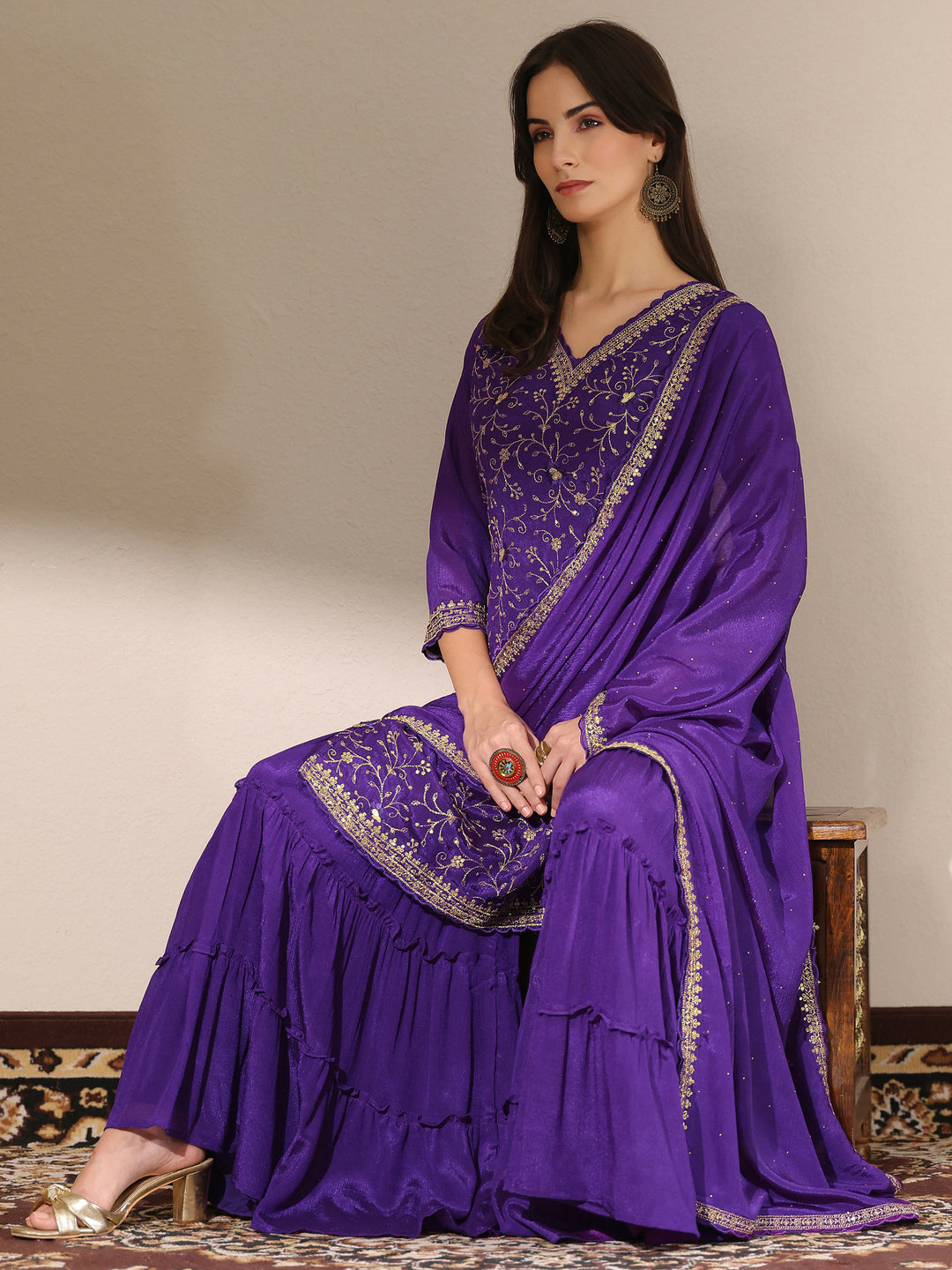  Kamini Purple Embroidered Chinon Straight Sharara Suit Set With Dupatta 