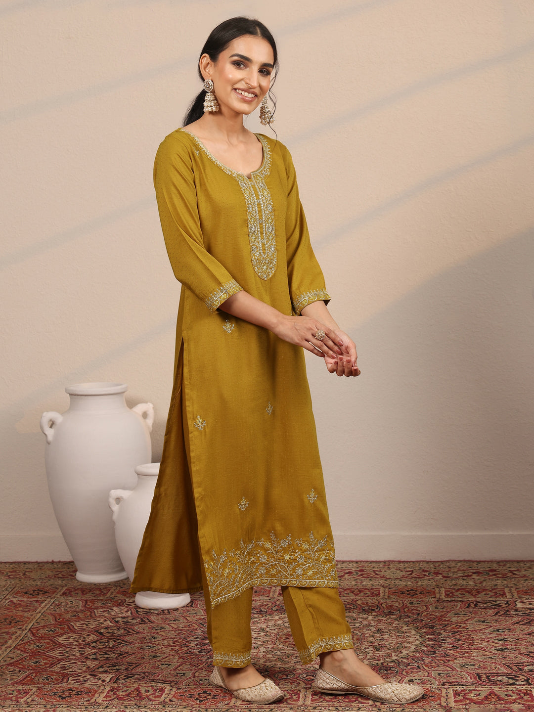  Mustard Embroidered Silk Blend  Straight Suit Set With Dupatta 