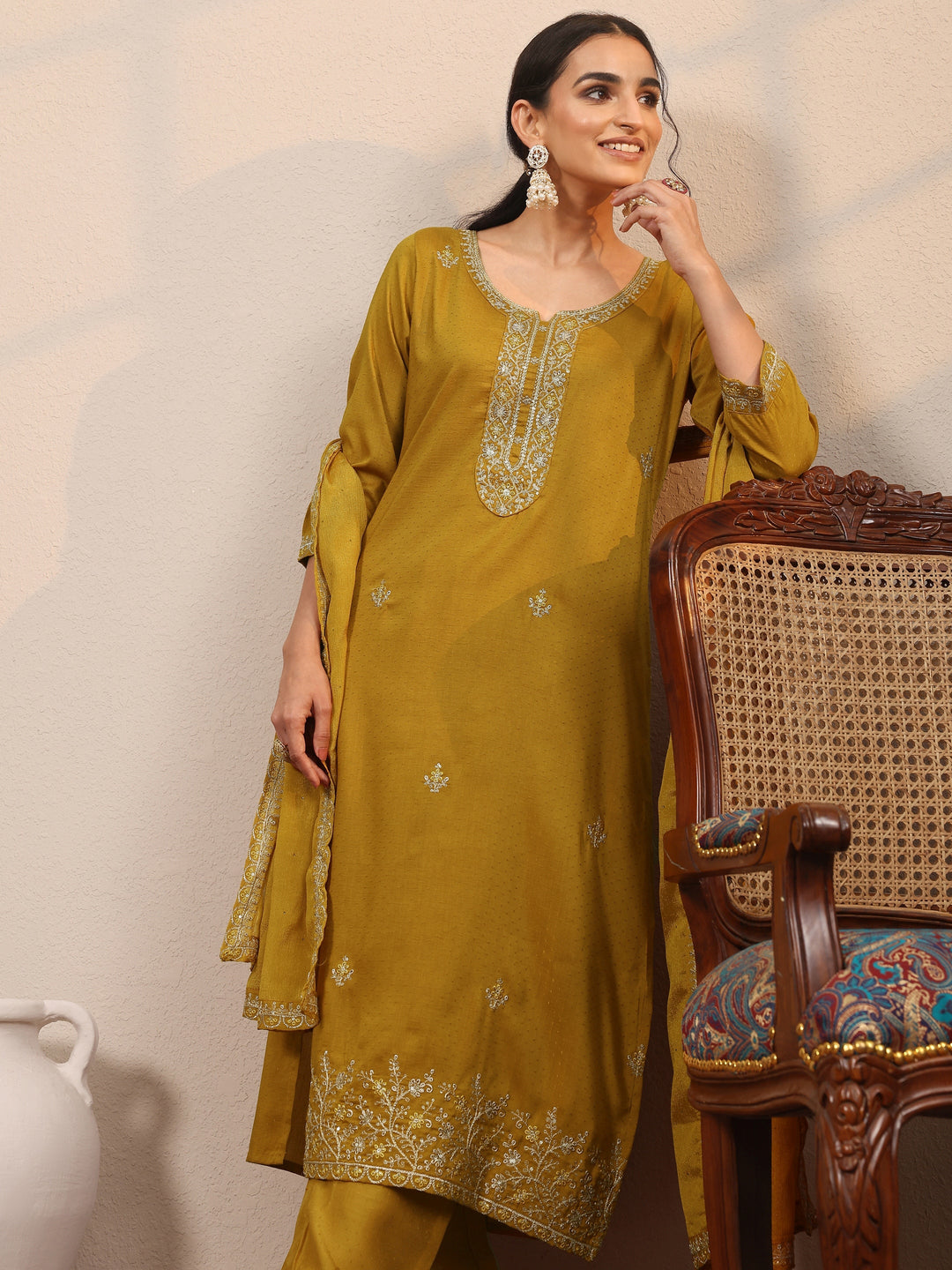 Mustard Embroidered Silk Blend  Straight Suit Set With Dupatta