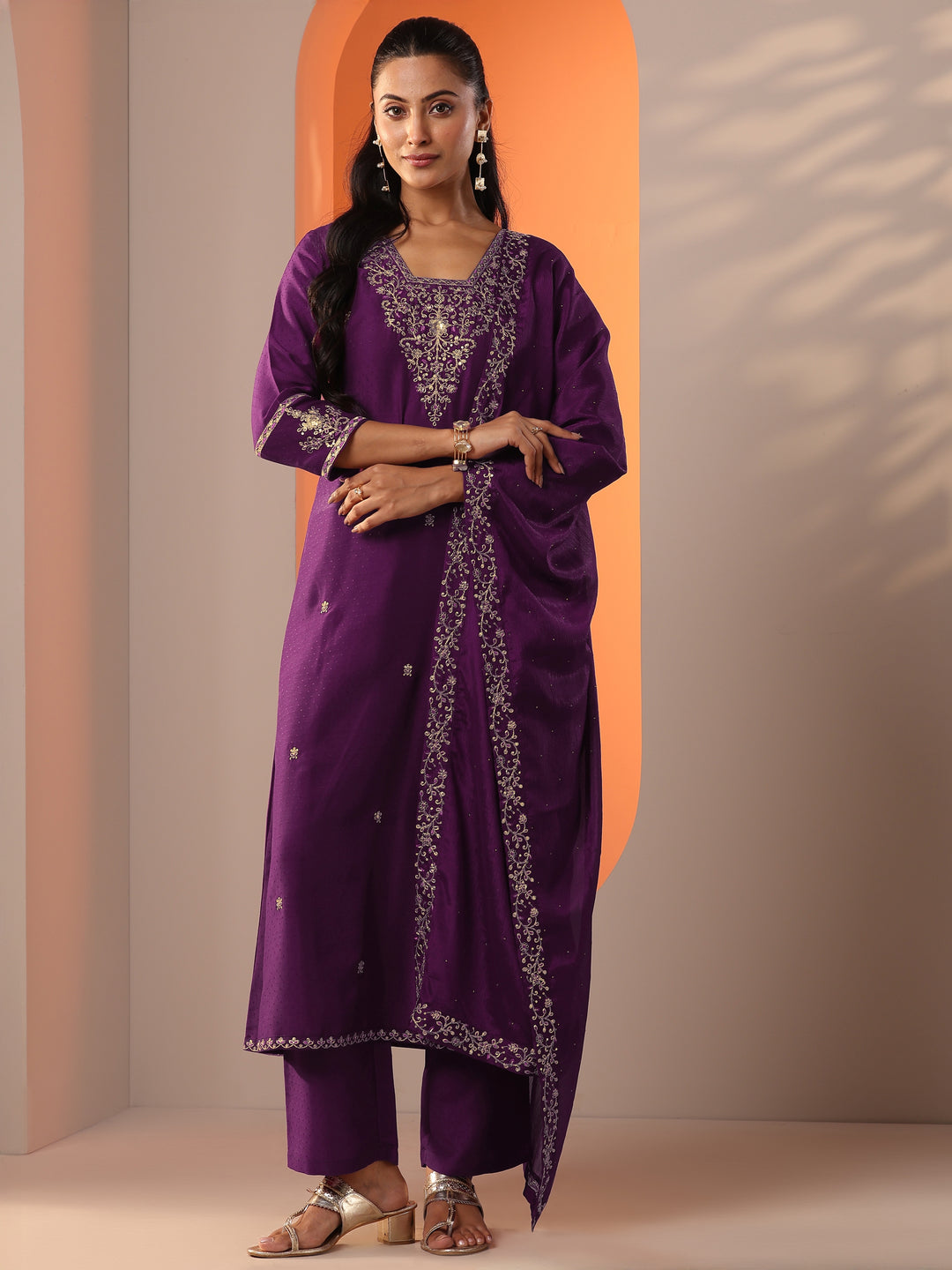  Burgundy Embroidered Silk Blend Straight Suit Set With Dupatta 