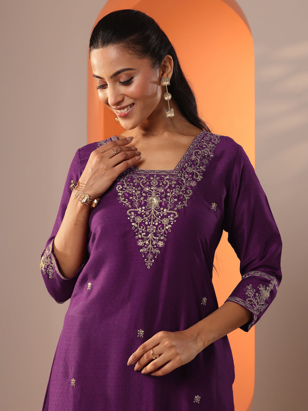  Burgundy Embroidered Silk Blend Straight Suit Set With Dupatta 