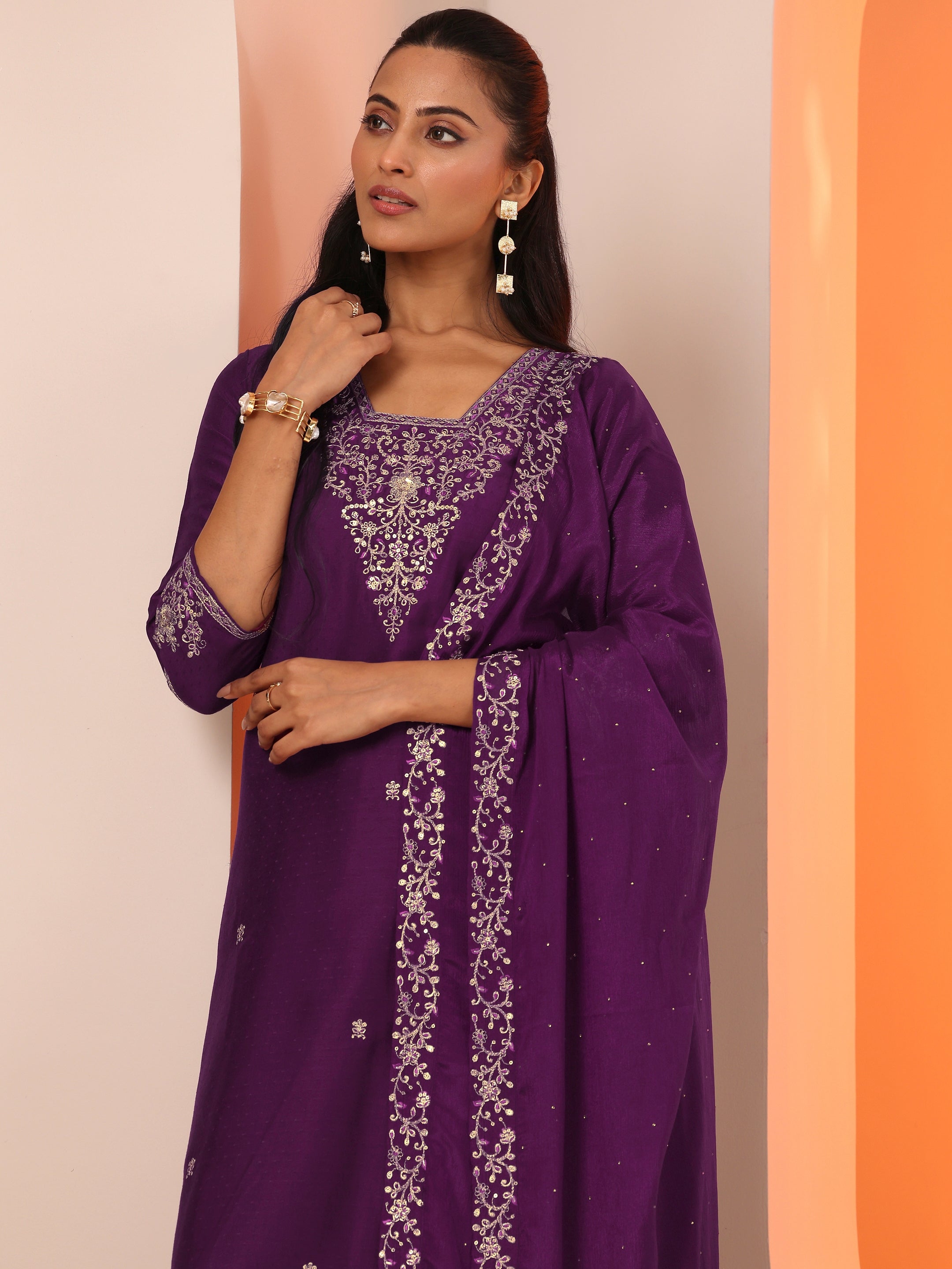 libas Burgundy Embroidered Silk Blend Straight Suit Set With Dupatta-picture-21