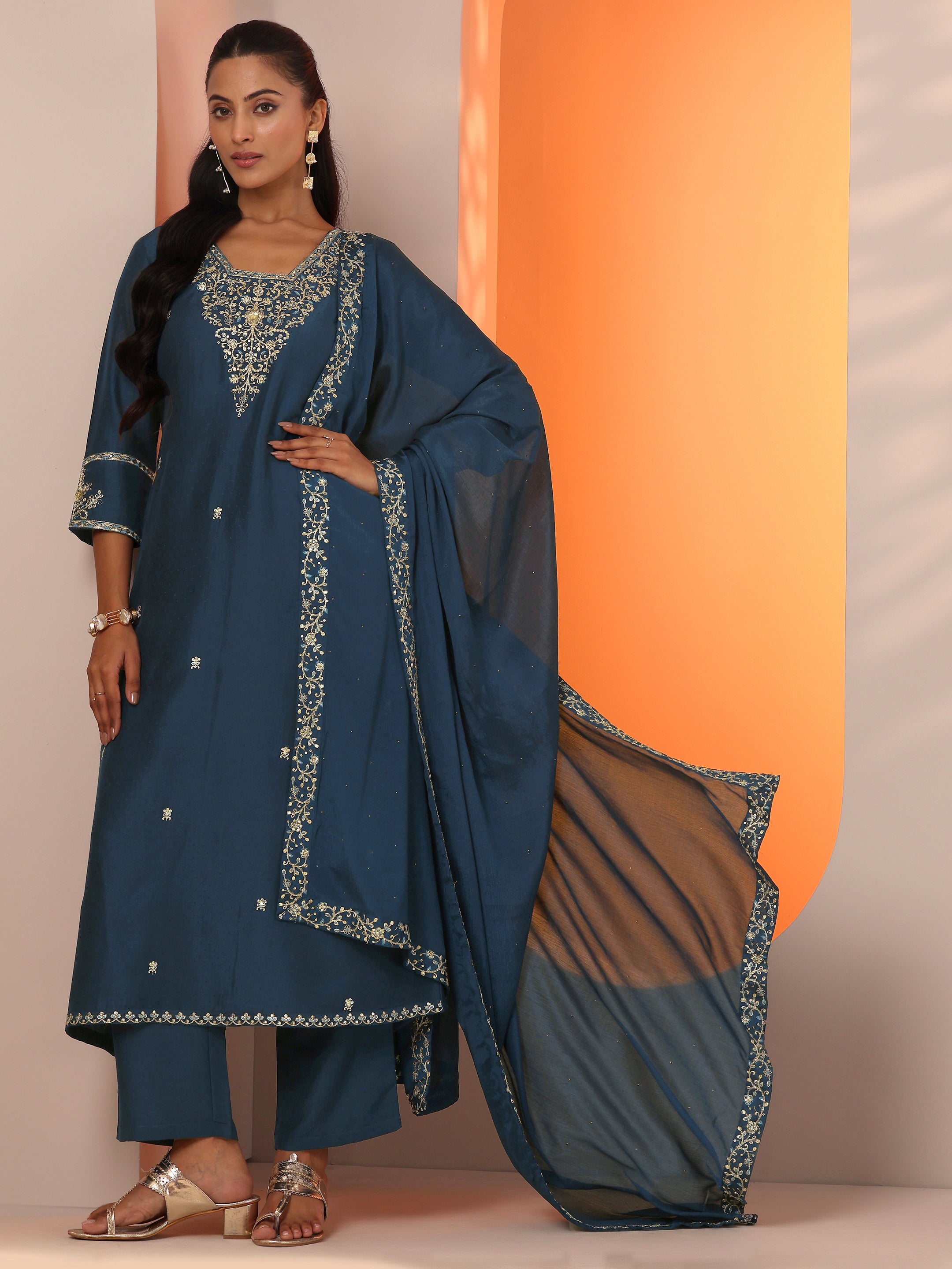 libas Teal Embroidered Silk Blend Straight Suit Set With Dupatta-picture-30