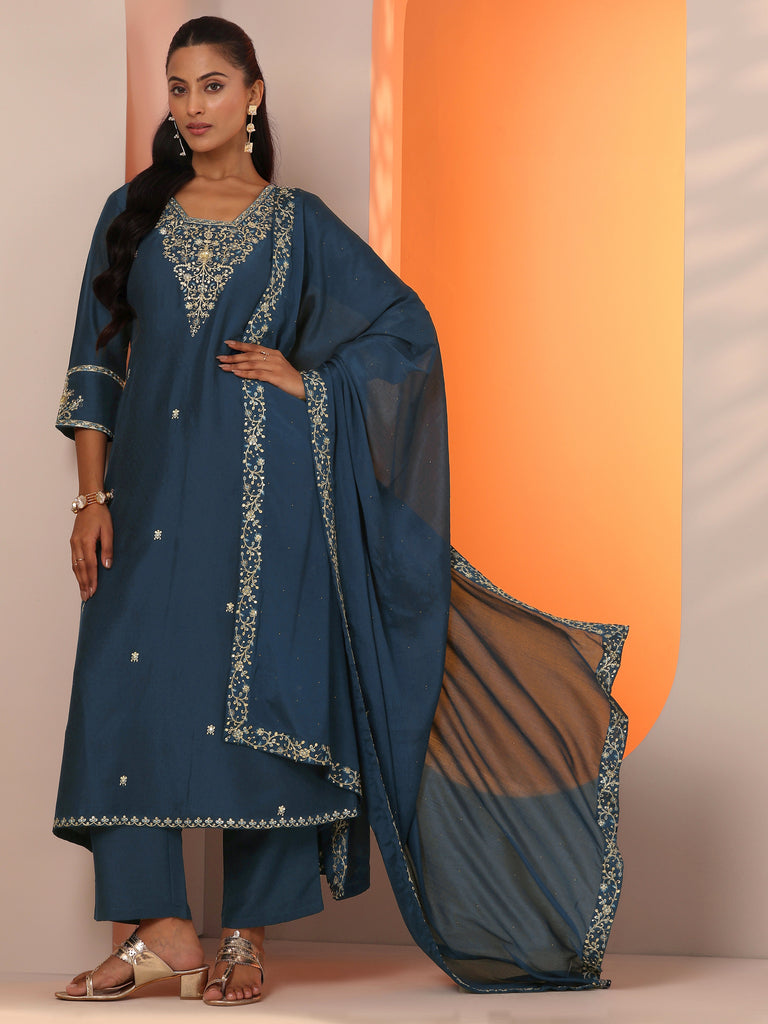 Libas Teal Embroidered Silk Blend Straight Suit Set With Dupatta