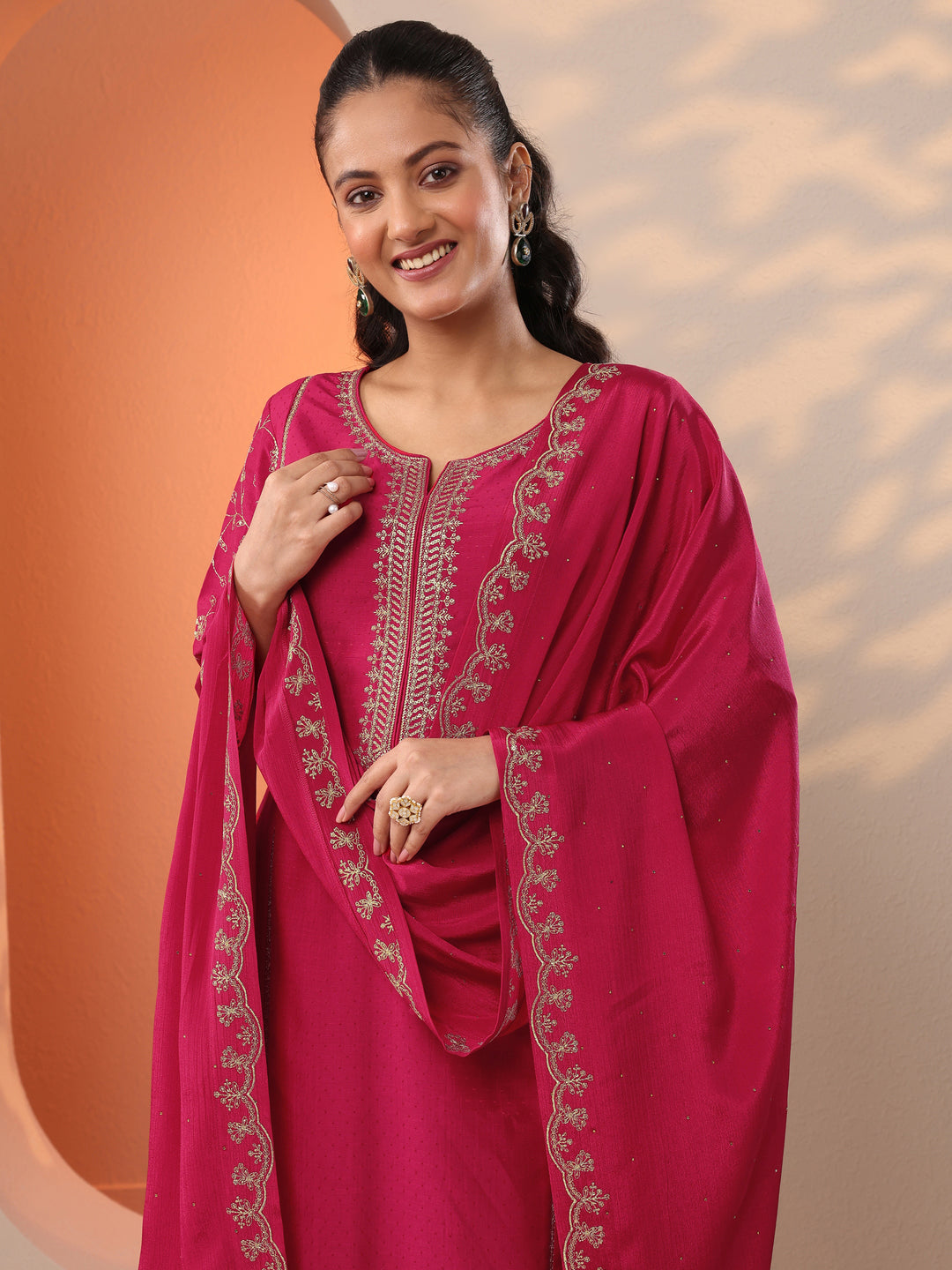  Pink Embroidered Silk Blend Straight Suit Set With Dupatta 