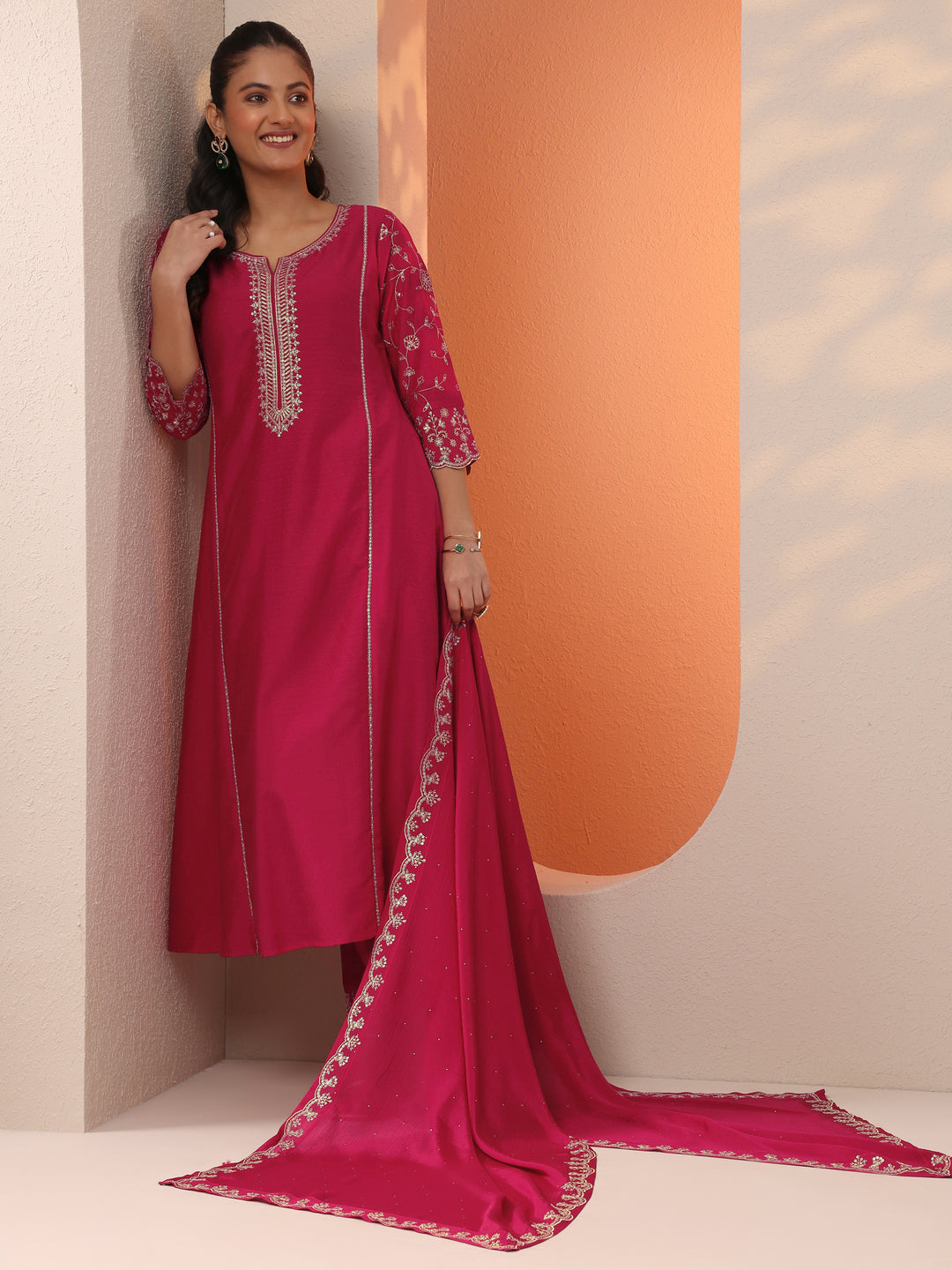 Pink Embroidered Silk Blend Straight Suit Set With Dupatta 