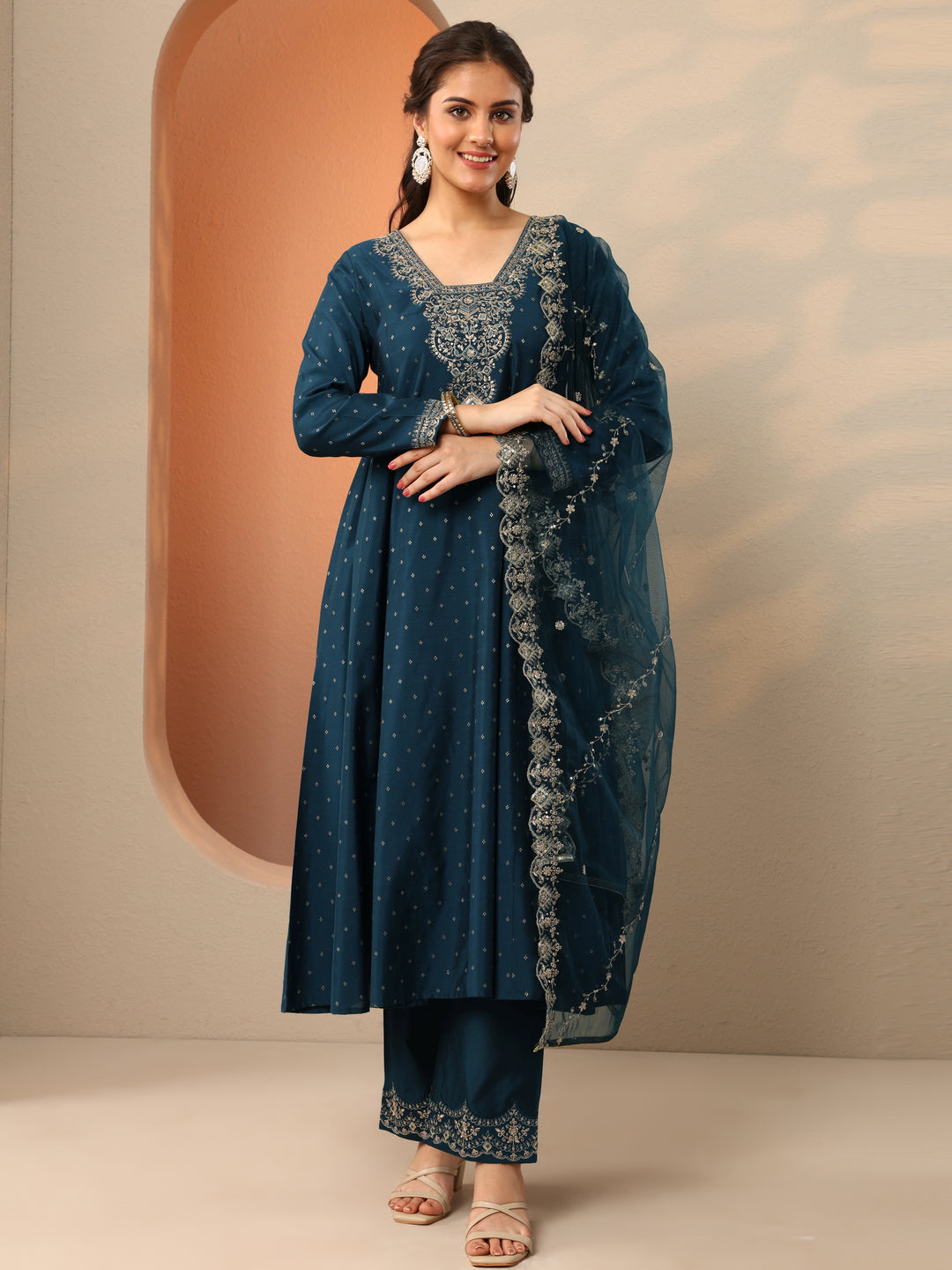 Navy Blue Embroidered Silk Blend Anarkali Suit Set With Dupatta 