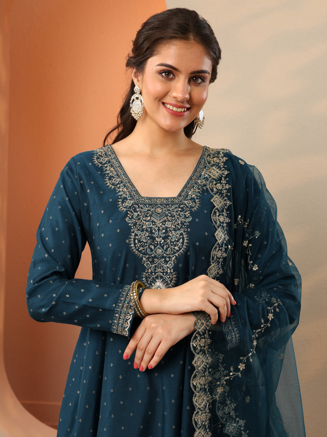  Navy Blue Embroidered Silk Blend Anarkali Suit Set With Dupatta 