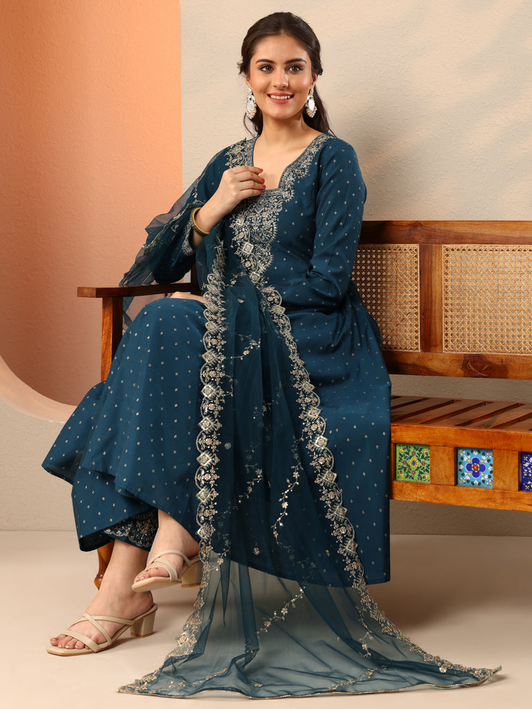 Libas Navy Blue Embroidered Silk Blend Anarkali Suit Set With Dupatta