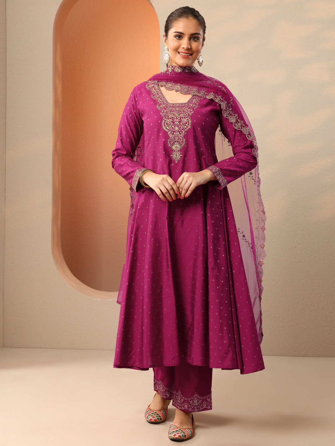  Magenta Embroidered Silk Blend Anarkali Suit Set With Dupatta 