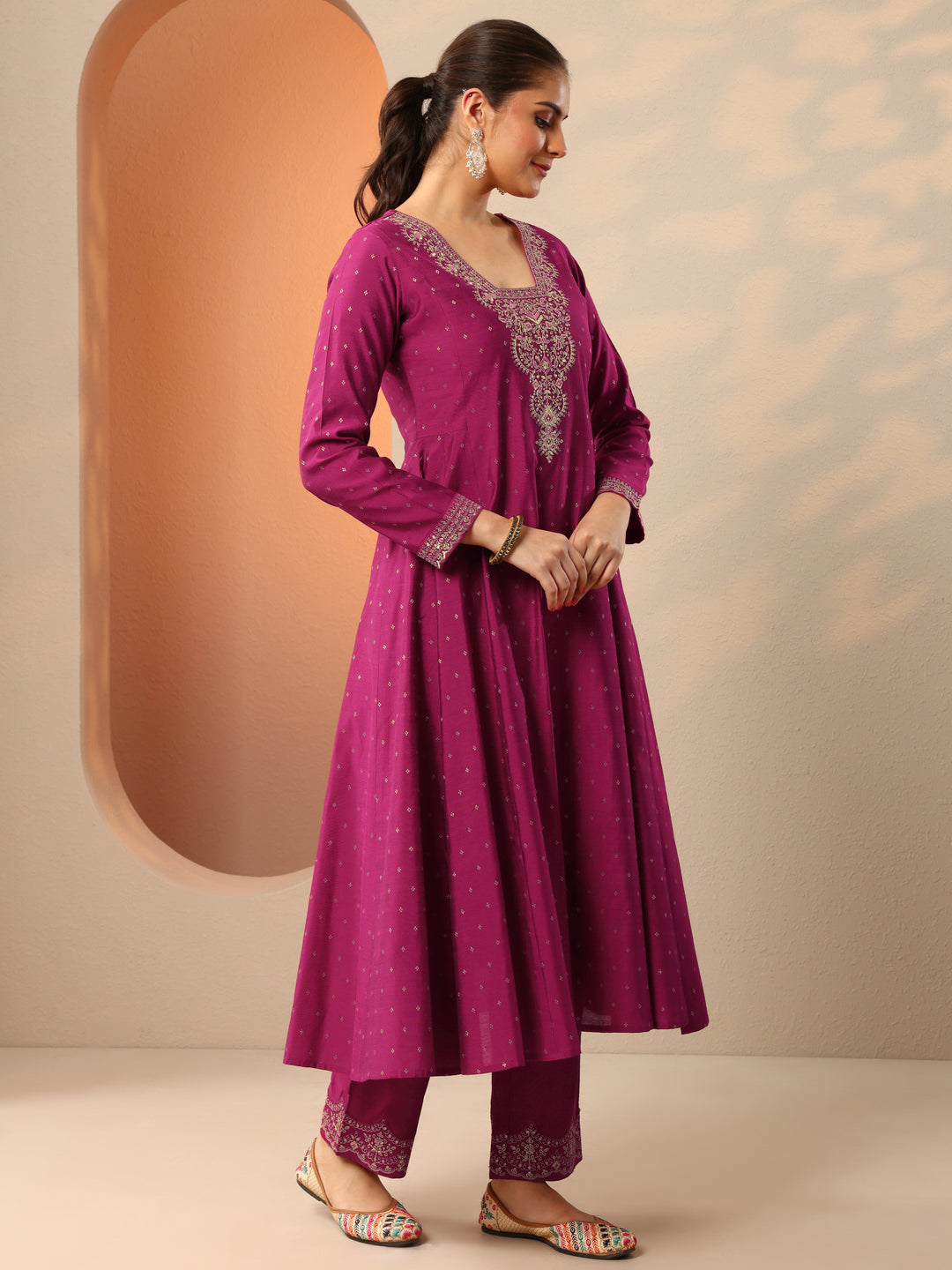  Magenta Embroidered Silk Blend Anarkali Suit Set With Dupatta 
