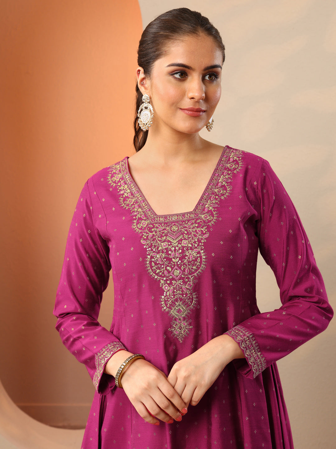  Magenta Embroidered Silk Blend Anarkali Suit Set With Dupatta 