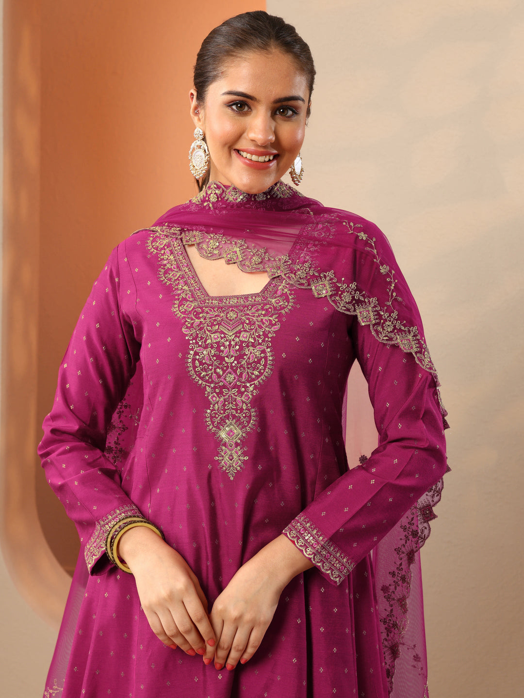  Magenta Embroidered Silk Blend Anarkali Suit Set With Dupatta 