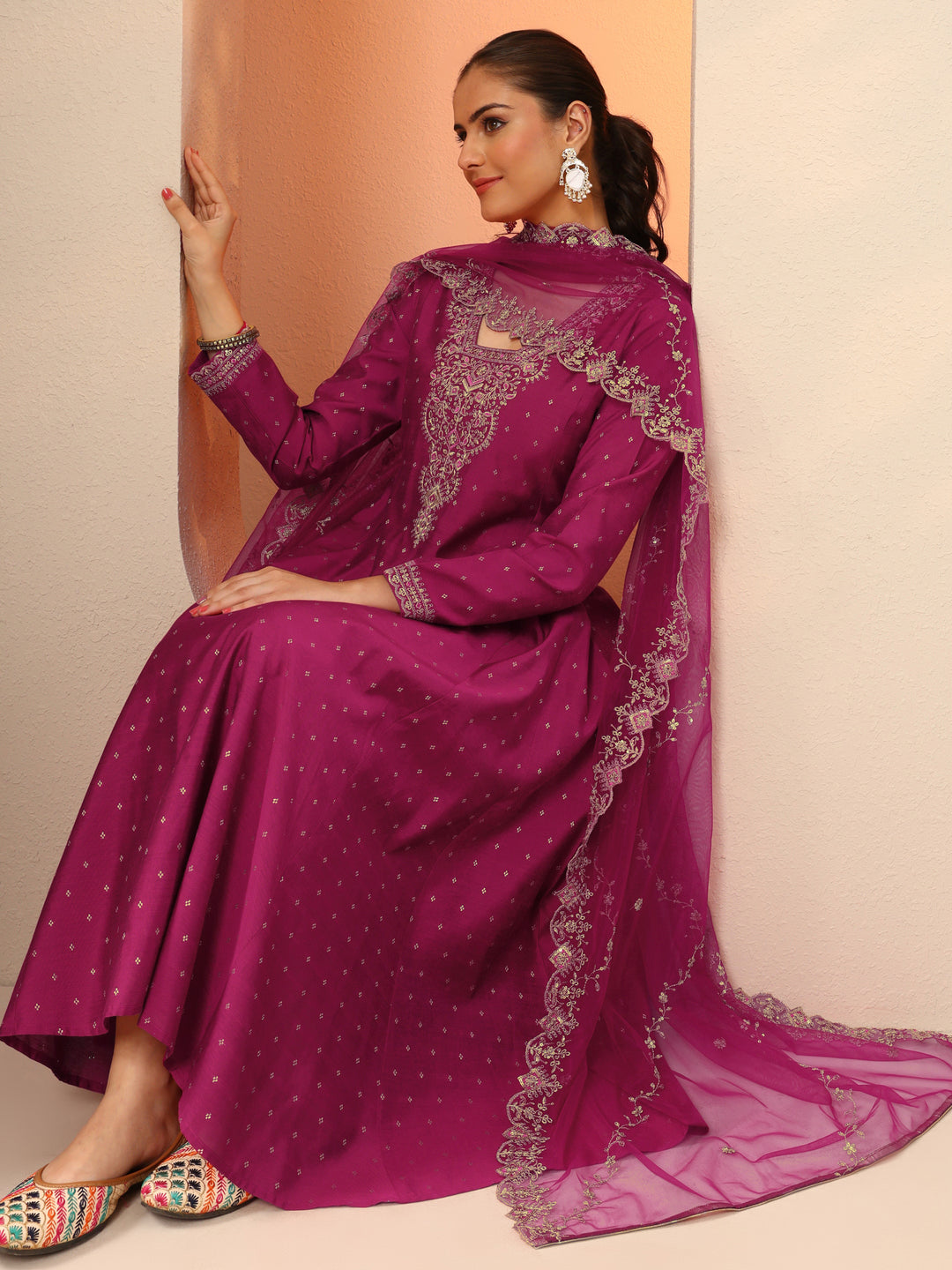 Magenta Embroidered Silk Blend Anarkali Suit Set With Dupatta