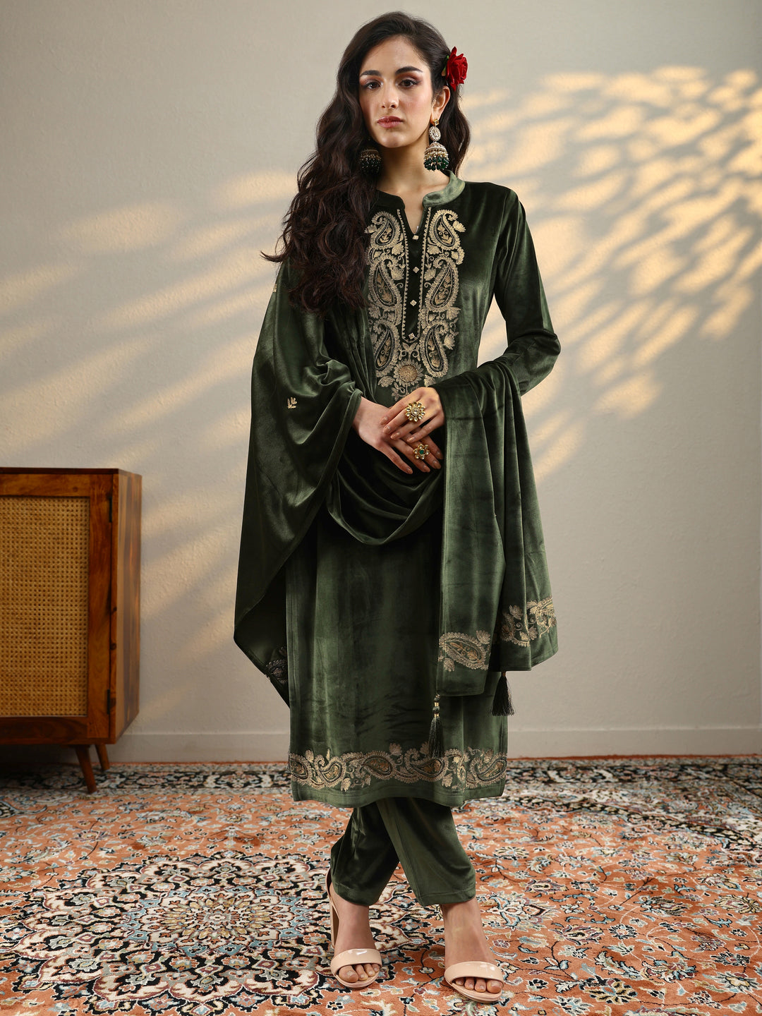  Olive Yoke Design Velvet Straight Suit Set With Dupatta 
