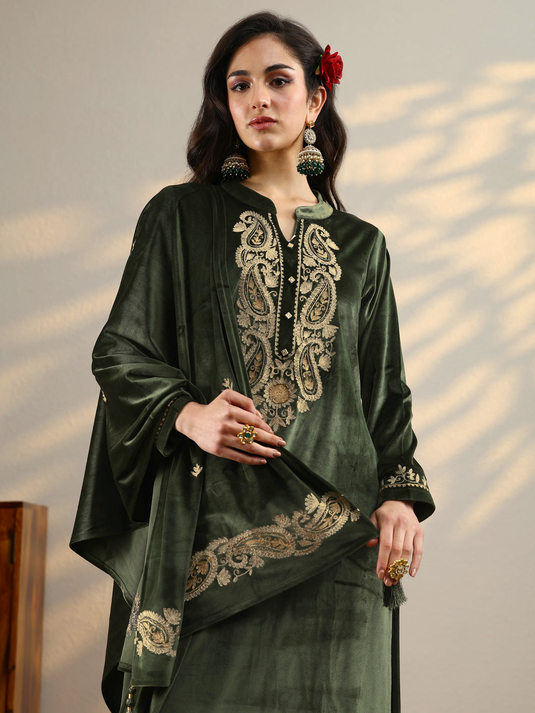  Olive Yoke Design Velvet Straight Suit Set With Dupatta 