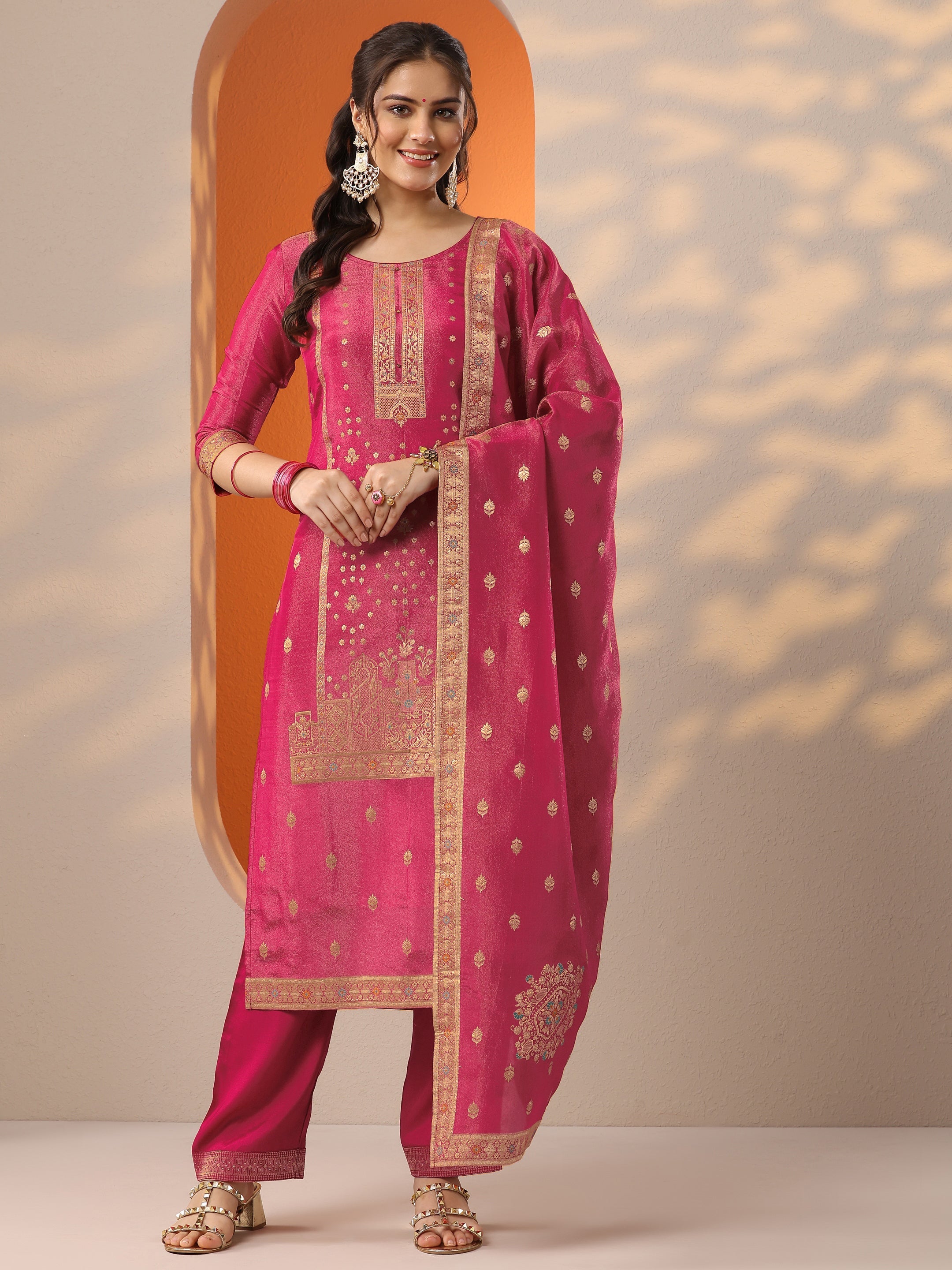 libas Pink Woven Design Silk Blend Straight Suit Set With Dupatta-picture-62