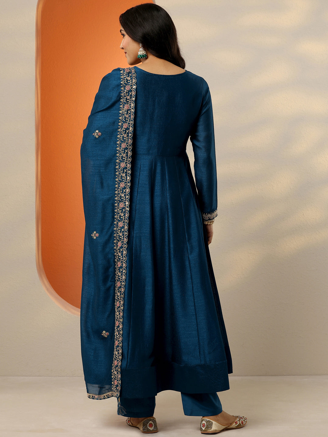  Navy Blue Yoke Design Silk Blend Anarkali Suit Set With Dupatta 