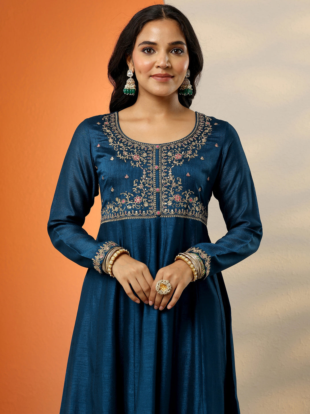  Navy Blue Yoke Design Silk Blend Anarkali Suit Set With Dupatta 