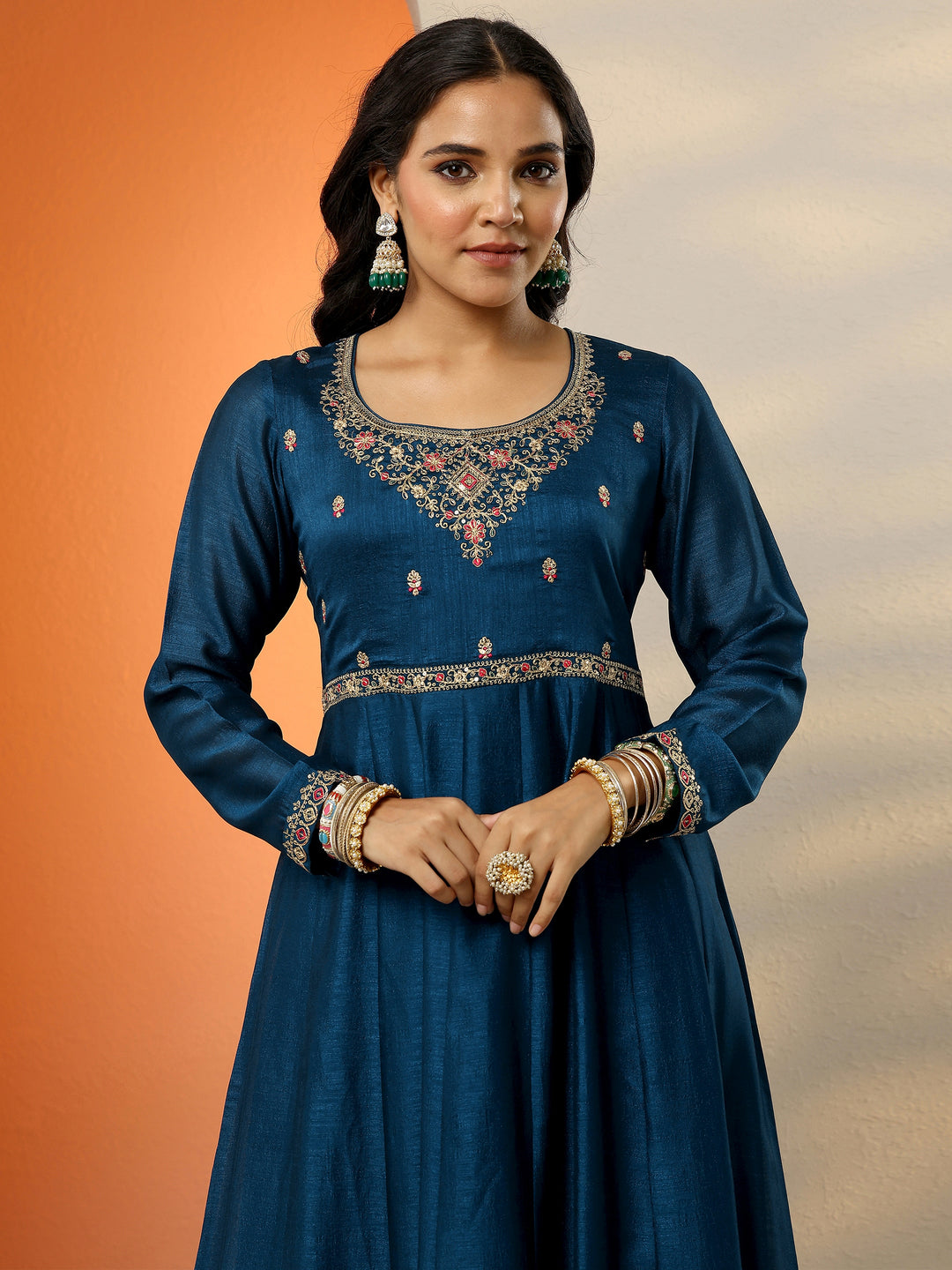  Navy Blue Yoke Design Silk Blend Anarkali Suit Set With Dupatta 