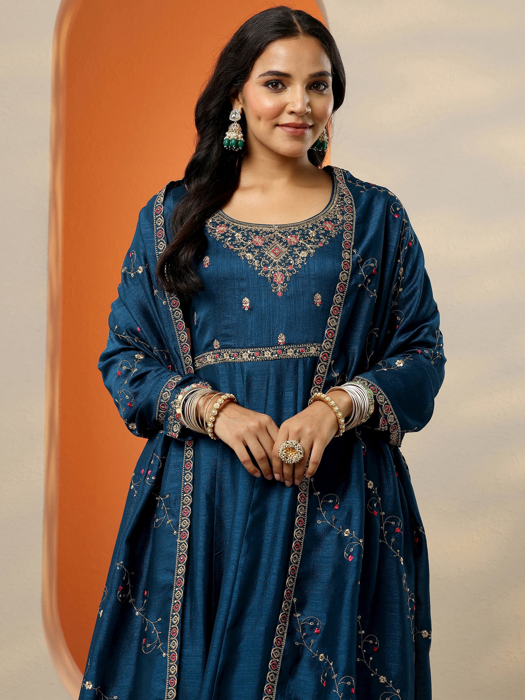 Navy Blue Yoke Design Silk Blend Anarkali Suit Set With Dupatta