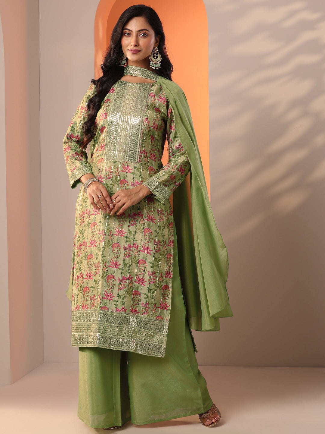  Libas Art Green Printed Silk Blend Straight Suit Set With Dupatta 