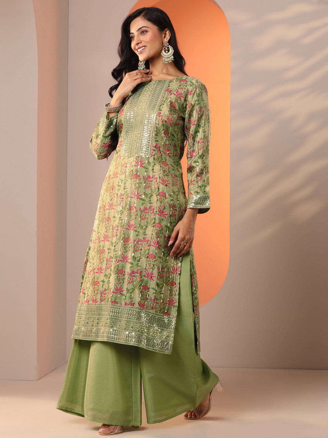  Libas Art Green Printed Silk Blend Straight Suit Set With Dupatta 