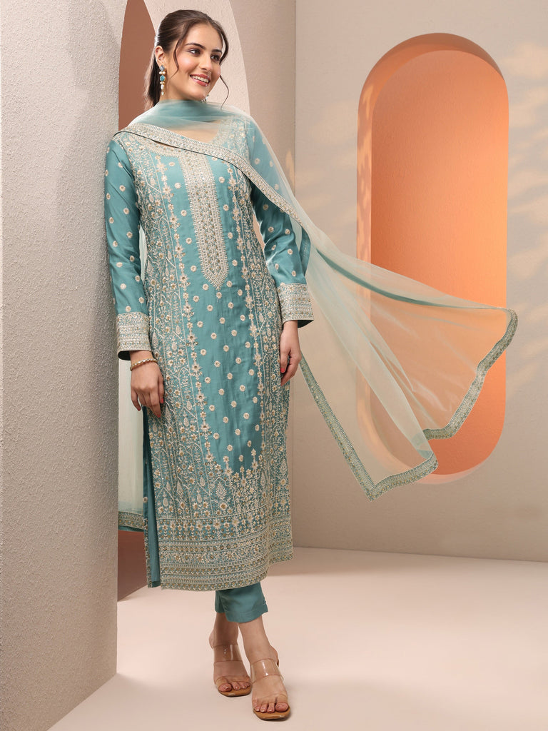 Turquoise Blue Embroidered Silk Blend Straight Suit Set With Dupatta
