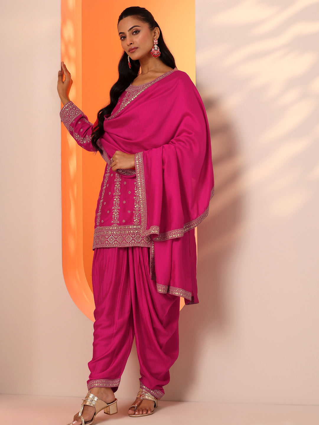  Libas Art Pink Embroidered Silk Blend Straight Suit Set With Dupatta 
