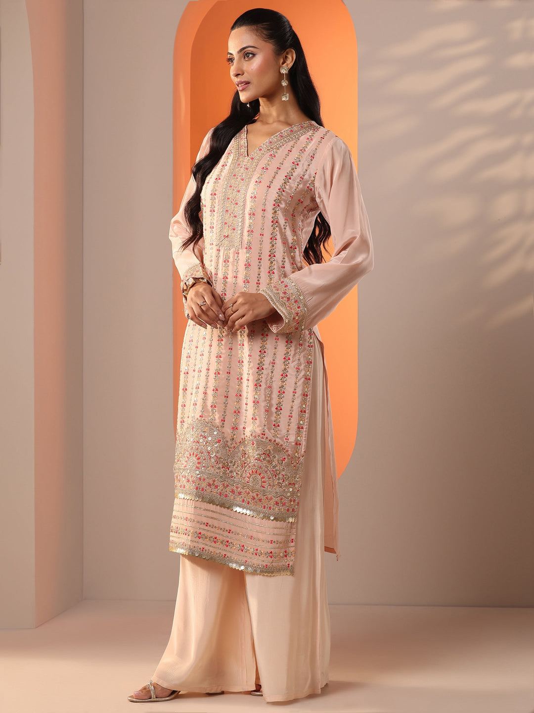  Libas Art Peach Embellished Crepe Straight Suit Set With Dupatta 