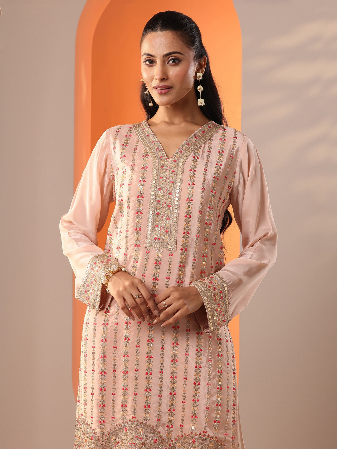  Libas Art Peach Embellished Crepe Straight Suit Set With Dupatta 