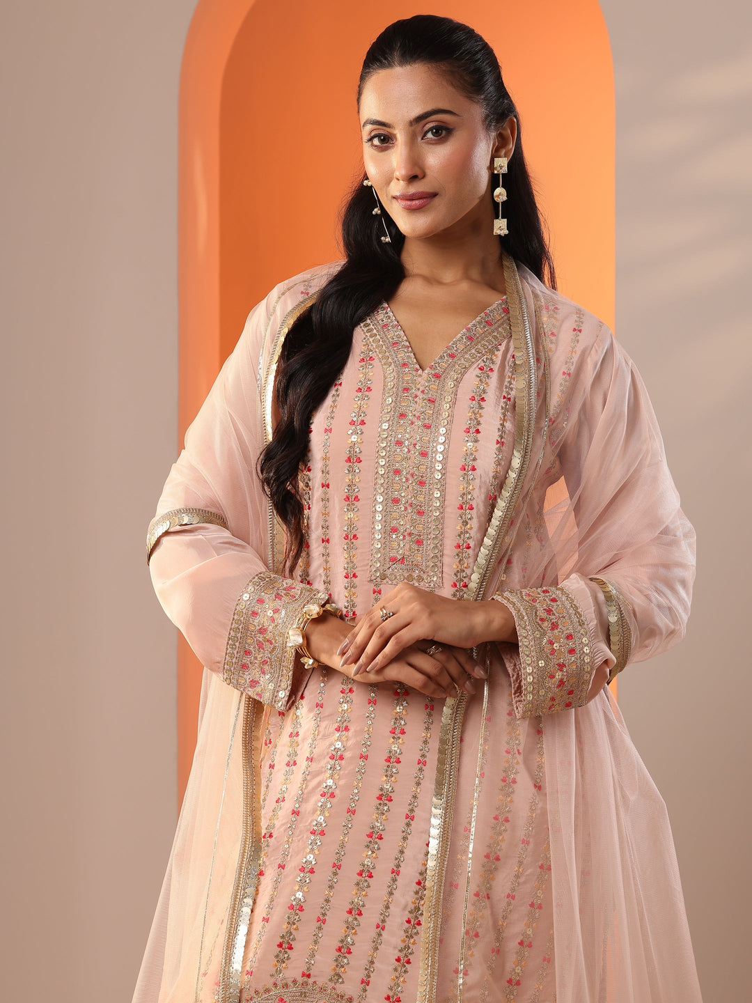  Libas Art Peach Embellished Crepe Straight Suit Set With Dupatta 