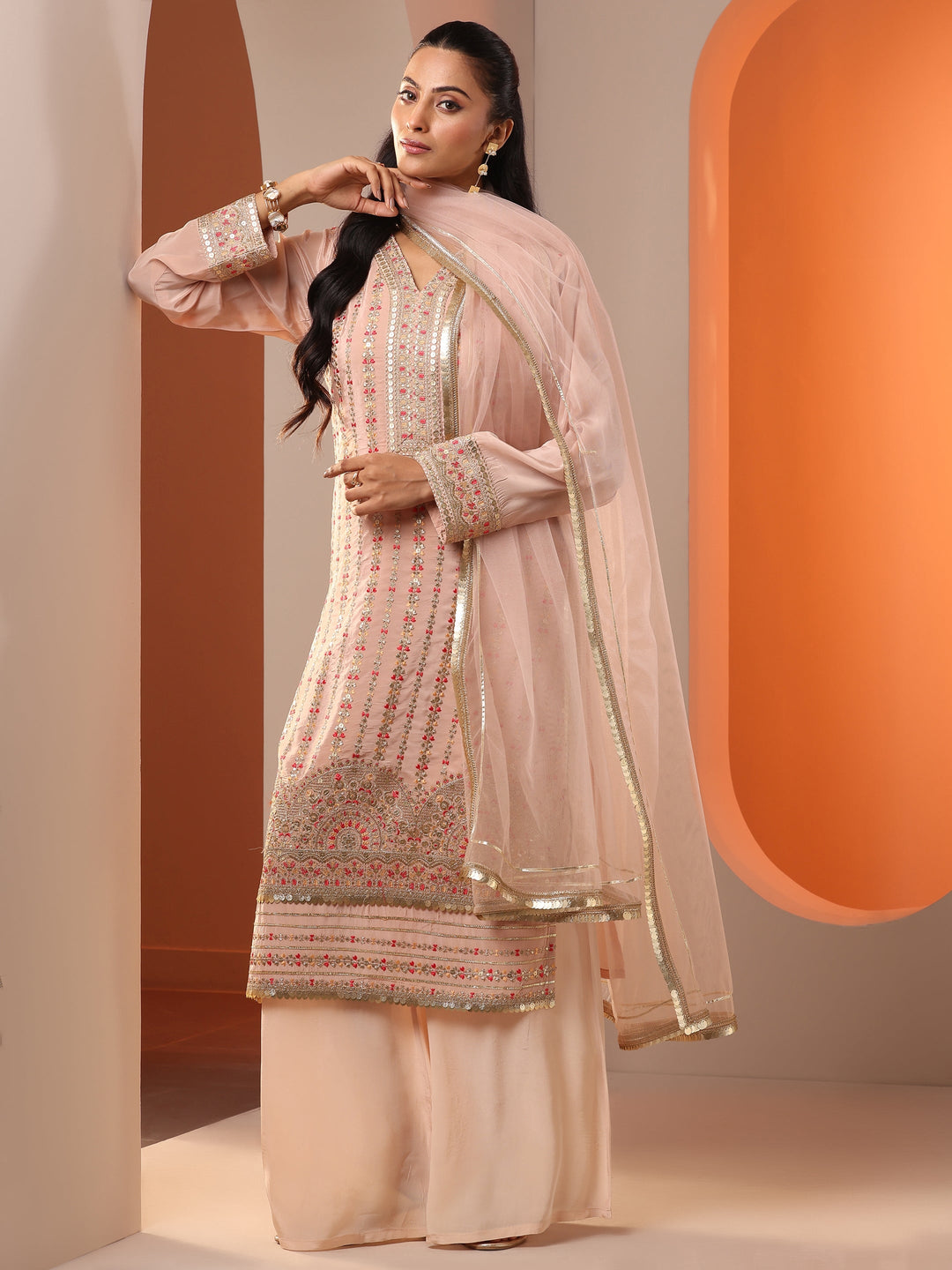  Libas Art Peach Embellished Crepe Straight Suit Set With Dupatta 