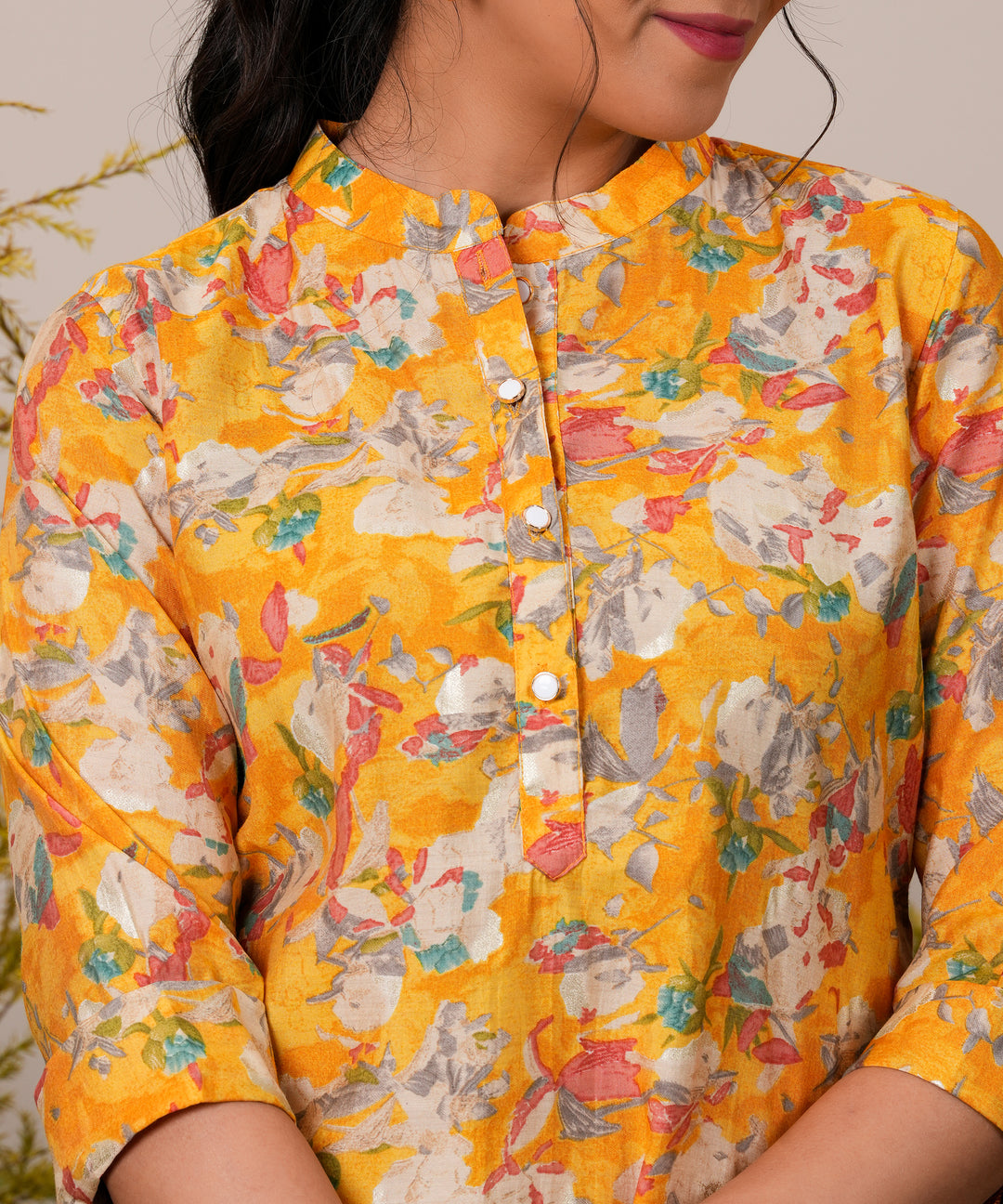  Yellow Printed Silk Blend Straight Short Kurti 