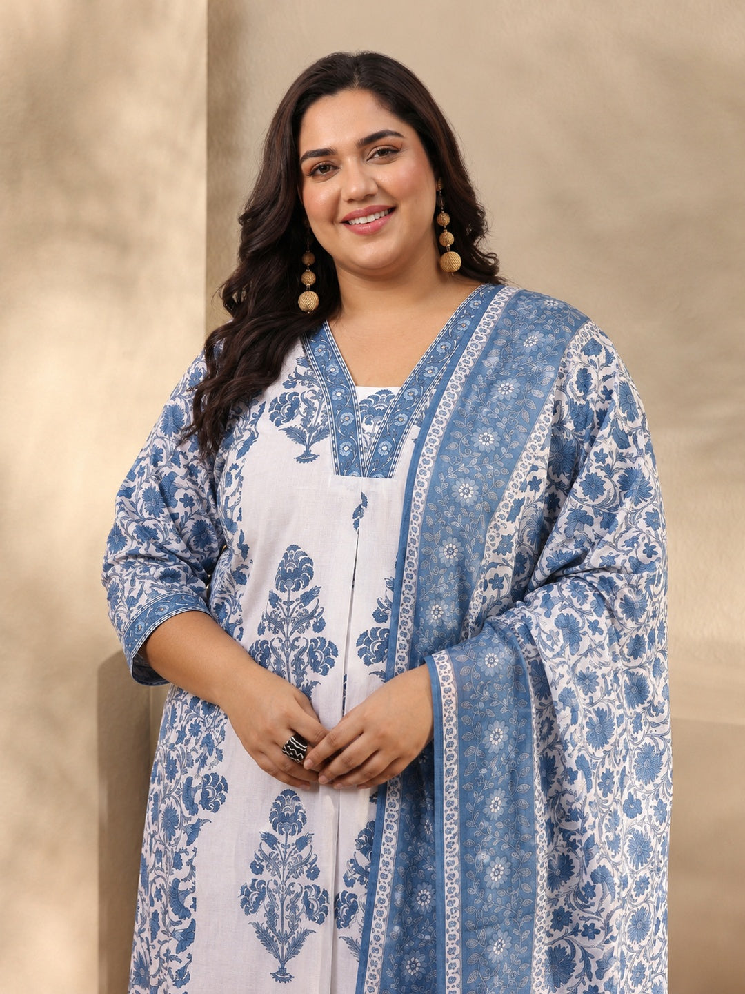  Plus Size Blue Floral Printed Cotton Blend Anarkali Suit Set 