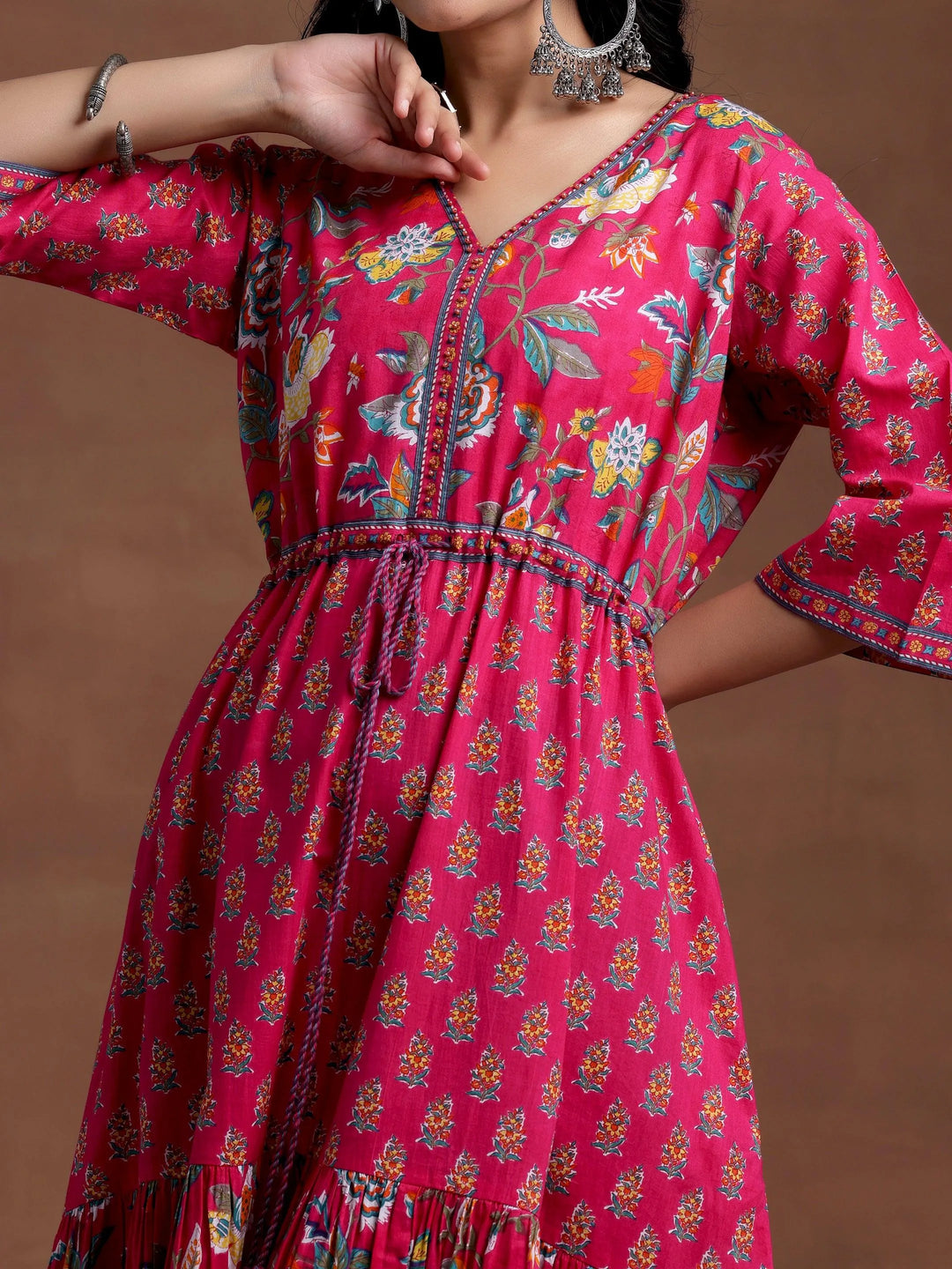 Pink Printed Cotton Fit and Flare Dress - Libas 