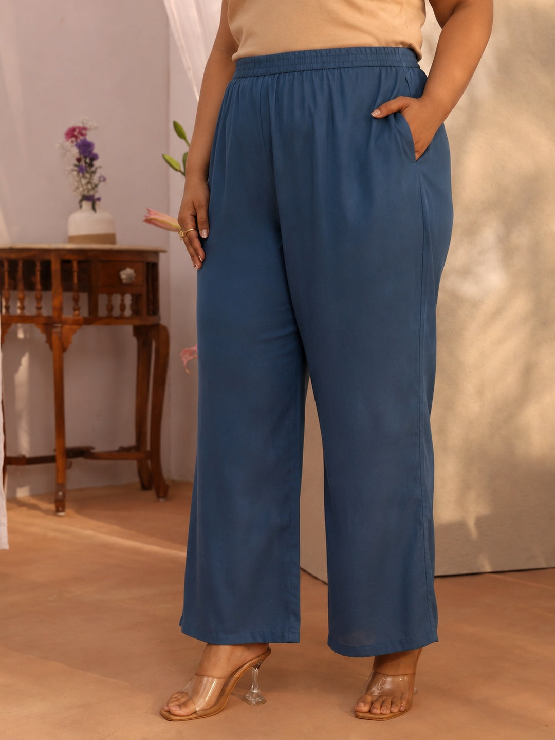  Plus Size Blue Floral Printed Cotton Blend Straight Suit Set 