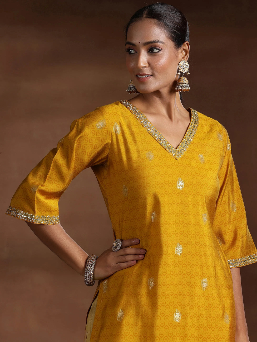  Mustard Printed Silk Straight Kurta 