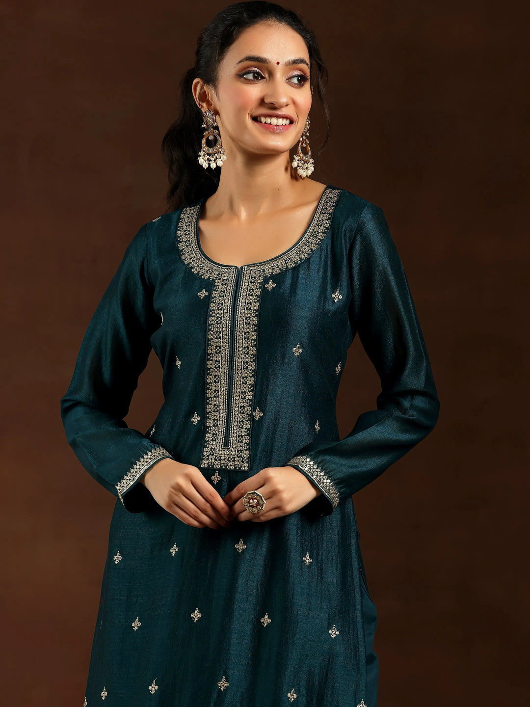  Teal Embroidered Silk Blend Straight Suit With Dupatta 