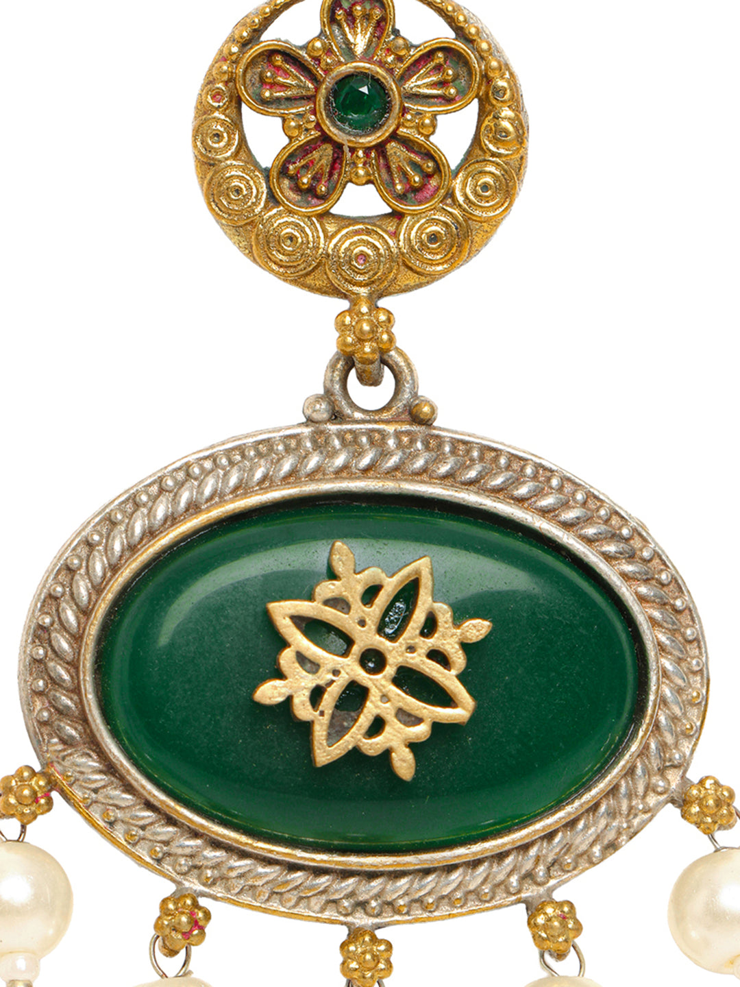 Libas Green Stone Statement Pearl Drop Earrings 