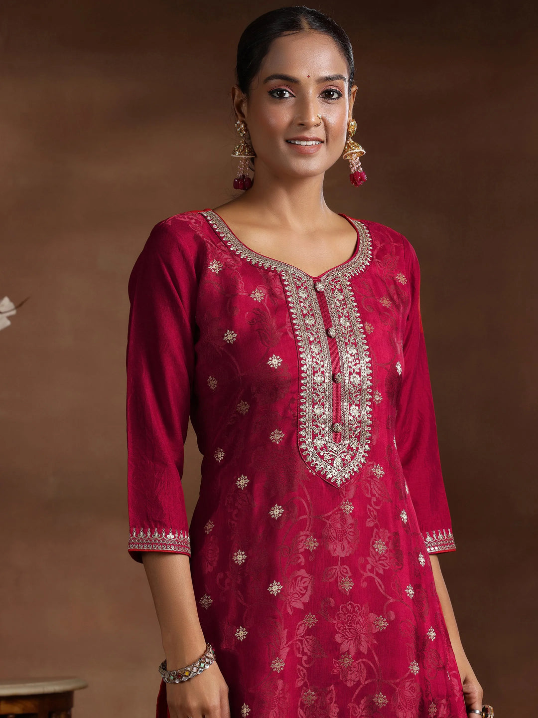 Maroon Woven Design Silk Blend Straight Suit With Dupatta 